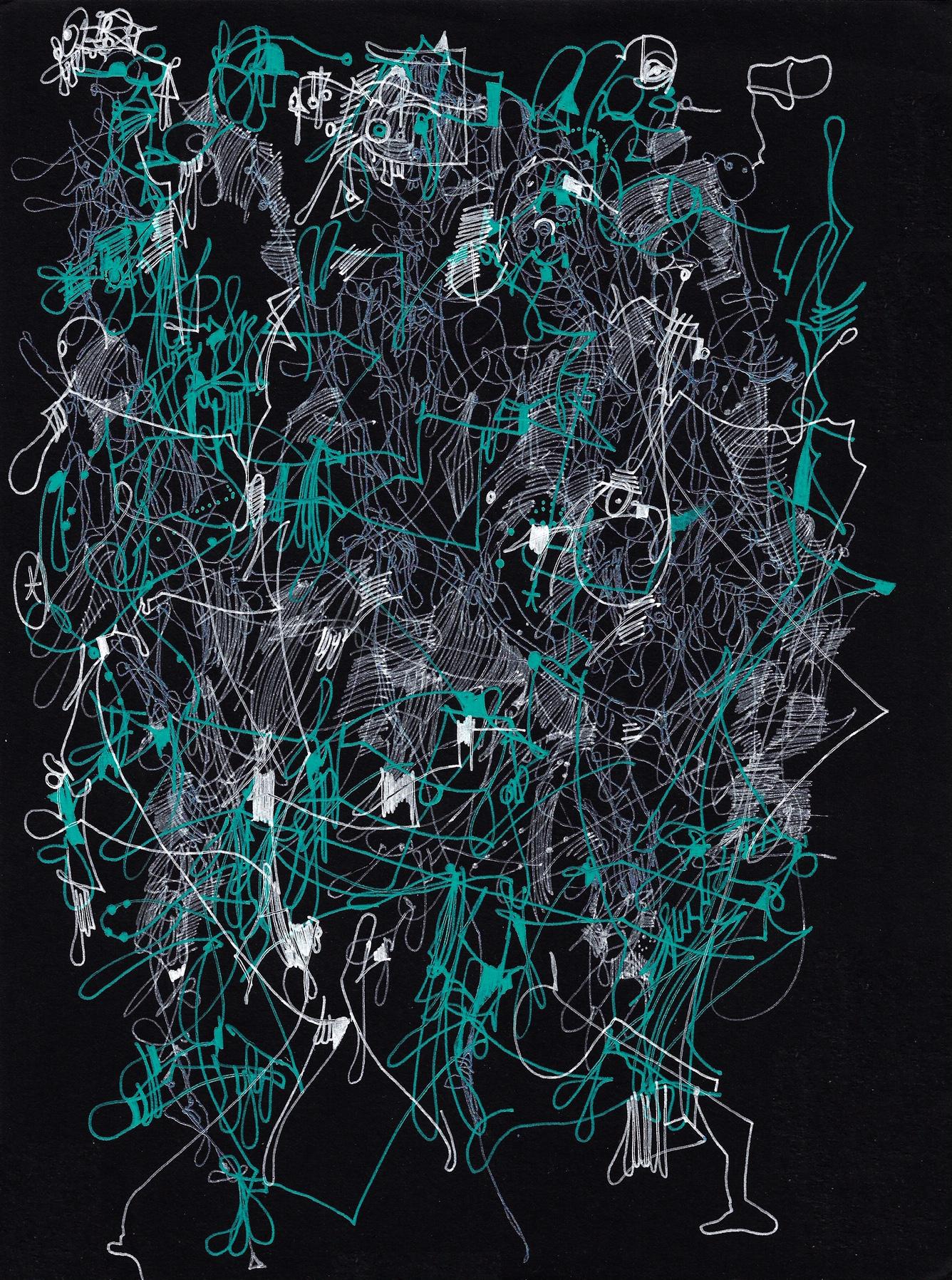 White and teal Ink on black paper

Michael Alan is an American artist born in 1977 who lives & works in New York, USA. As a multidisciplinary artist. His work has been featured in many solo shows, over 200 group shows, and over 200 Living
