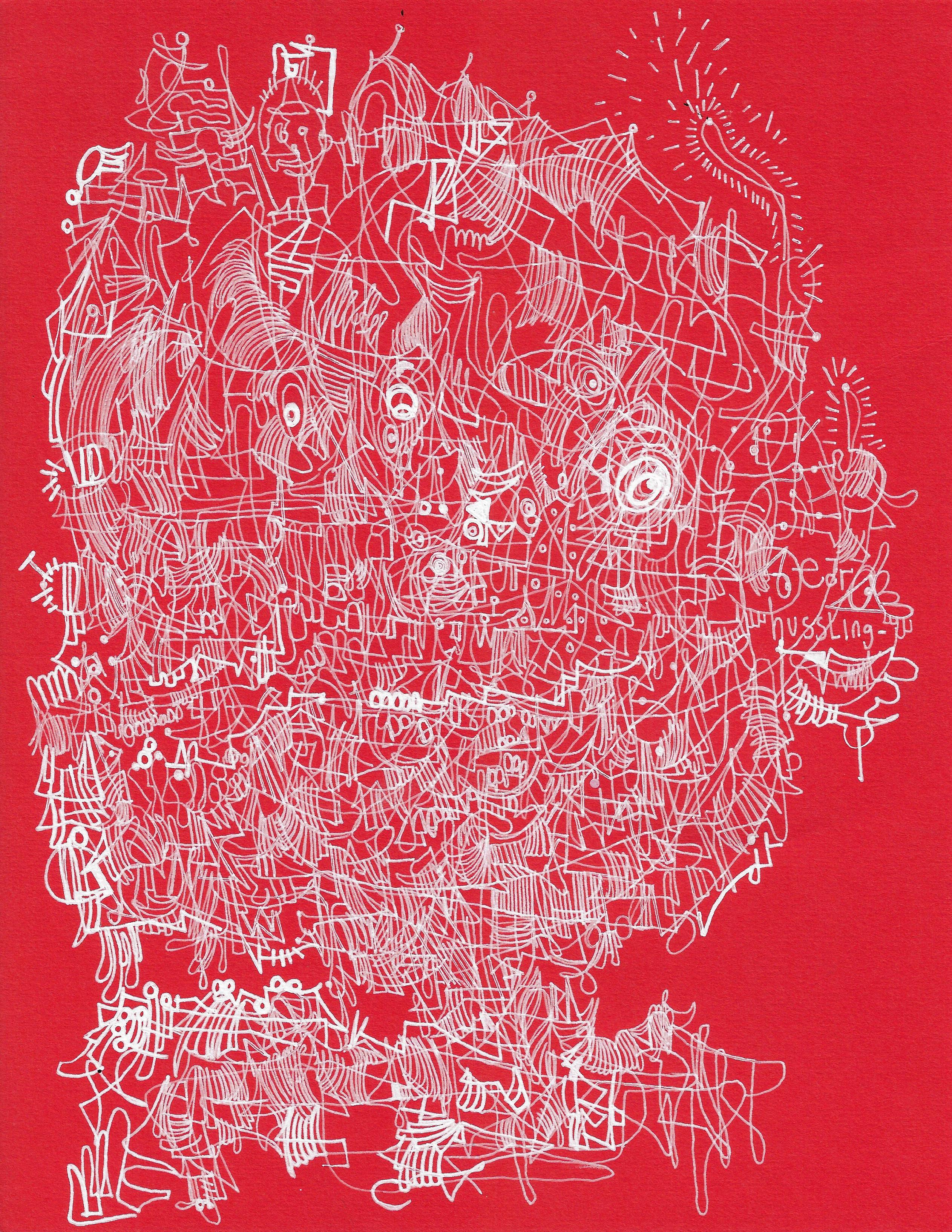 Tinte auf rotem Archivpapier

Michael Alan ist ein 1977 geborener amerikanischer Künstler, der in New York, USA, lebt und arbeitet. Als multidisziplinärer Künstler. Seine Arbeiten wurden in vielen Einzelausstellungen, über 200 Gruppenausstellungen