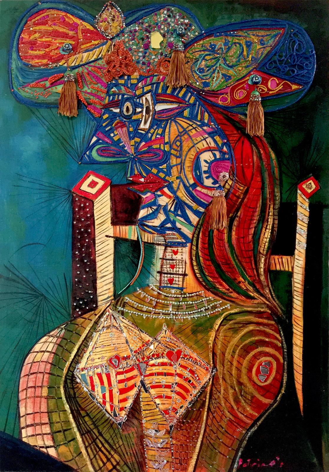 Huile sur toile infusée de strass et de soie, techniques mixtes

Leticia de Prado est une artiste espagnole née en 1964 qui vit et travaille à Estepona, près de Marbella, en Espagne. Elle est surtout connue pour ses extraordinaires œuvres d'art