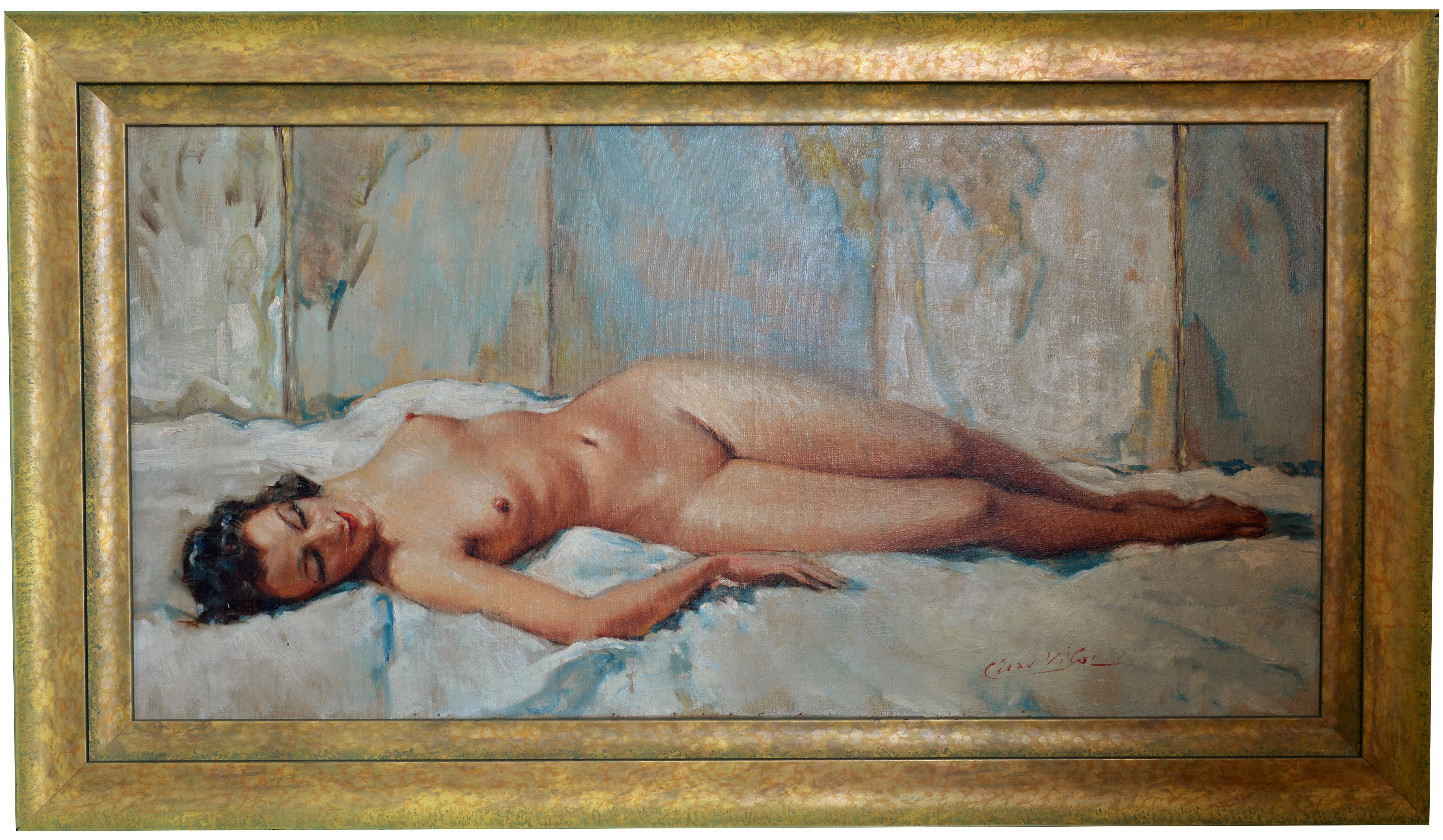 Cesar Vilol Nude Painting – Französisches Art-Déco-Ölgemälde auf Leinwand:: junge nackte Leierjungfrau:: Vilol:: 1930