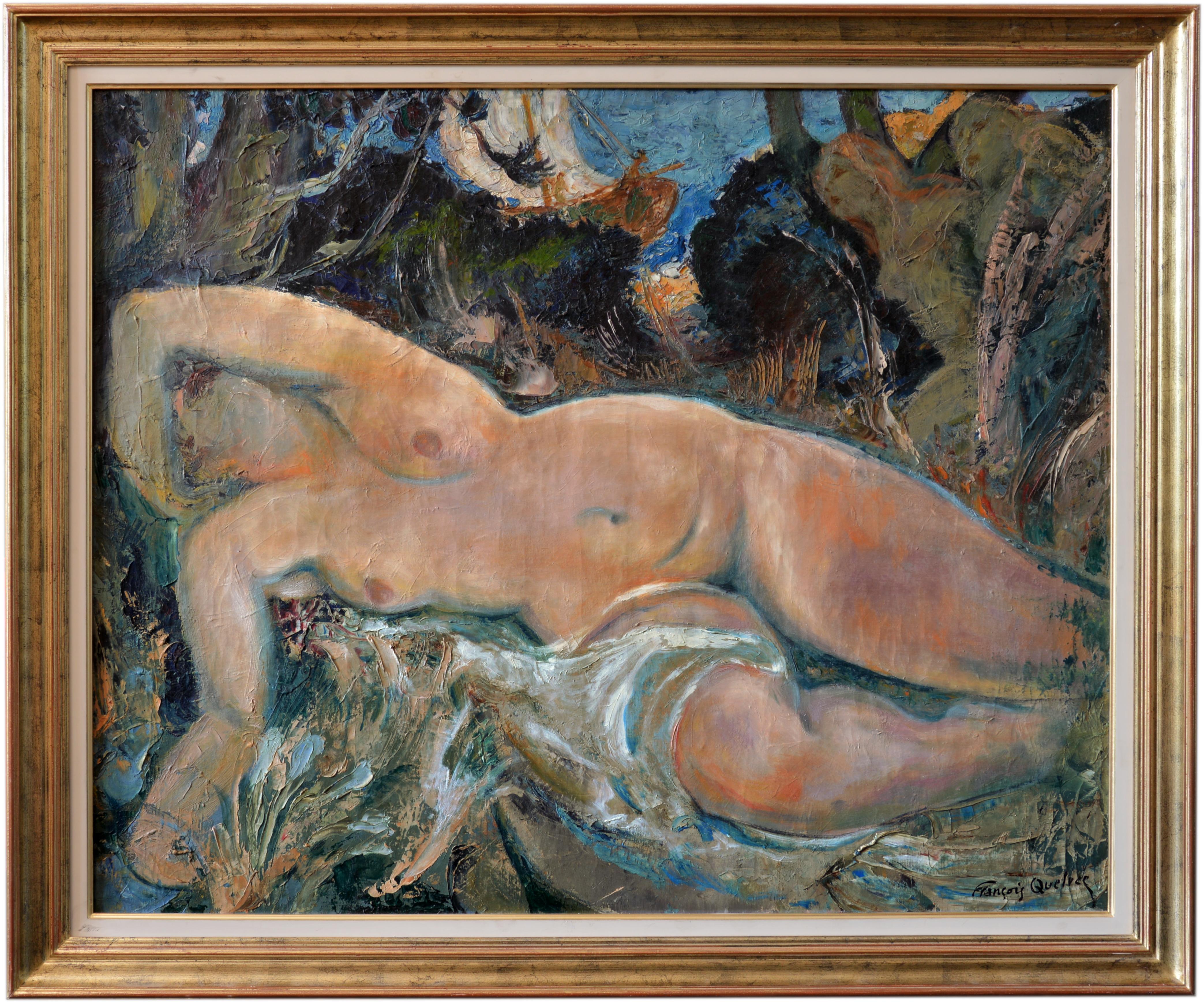 François Quelvée Figurative Painting - "Naked woman in the pine forest"