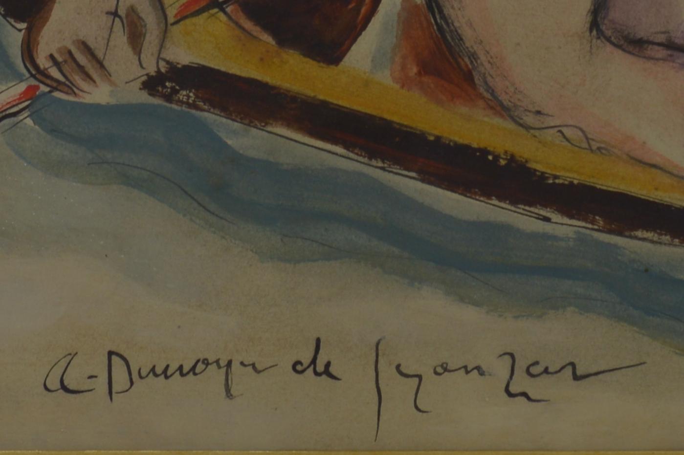 Pen, ink, watercolor and wash on paper by André Dunoyer de Segonzac, France, 1922-1924. Boating on the Morin River. Measurements : with frame: 52.5x65x2 cm - 20.7x25.6x0.8 inches / without frame: 36.5x45 cm -  14.4x17.7 inches. Signed lower left 