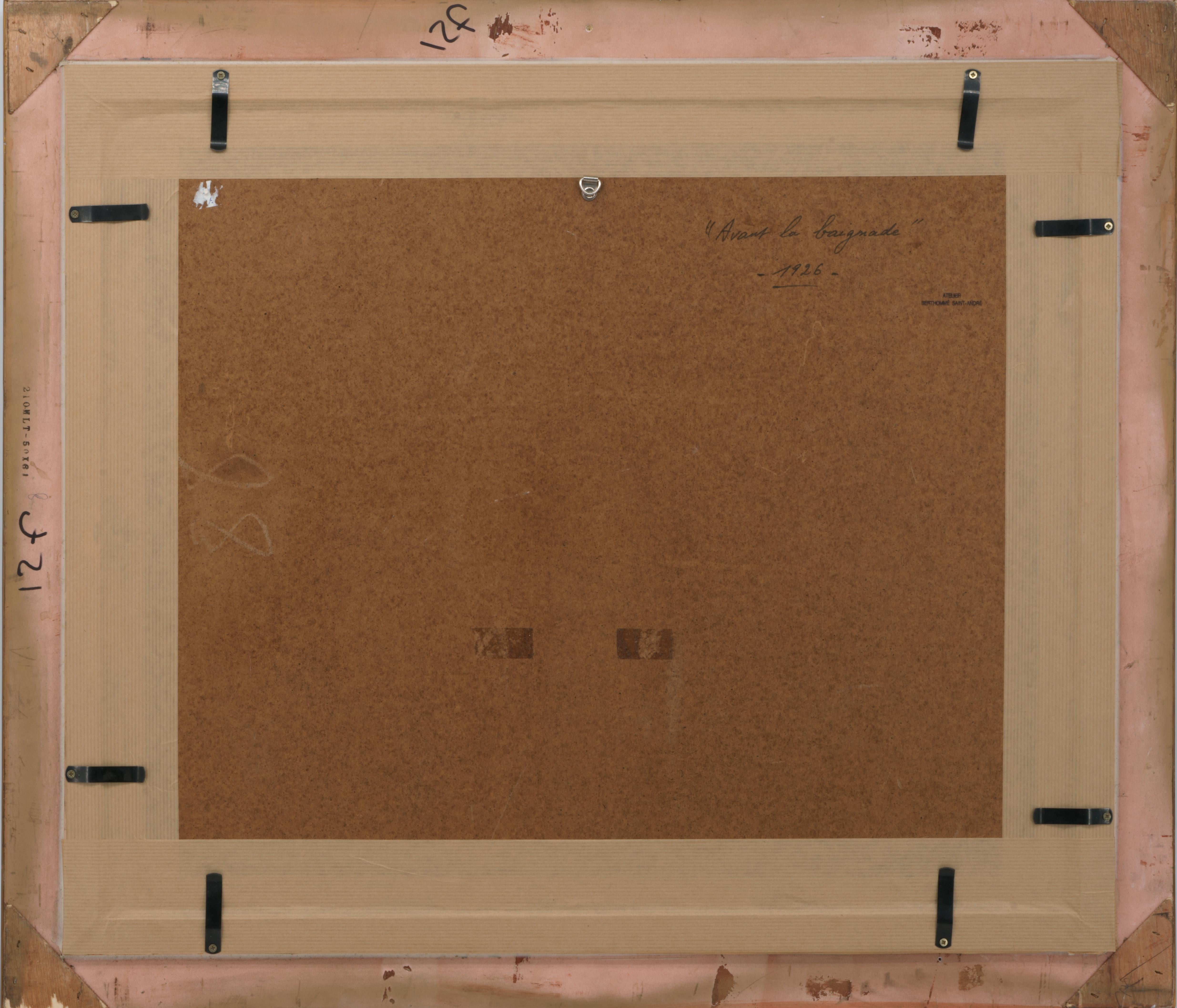 Aquarell von  Louis BERTHOMME SAINT-ANDRE, Frankreich, 1926. Vor dem Baden. Mit Rahmen: 74x63,5 cm - 29.1x25 inches ; ohne Rahmen, nur das Aquarell: 50x36 cm - 19.7x14.2 inches. Signiert unten rechts 