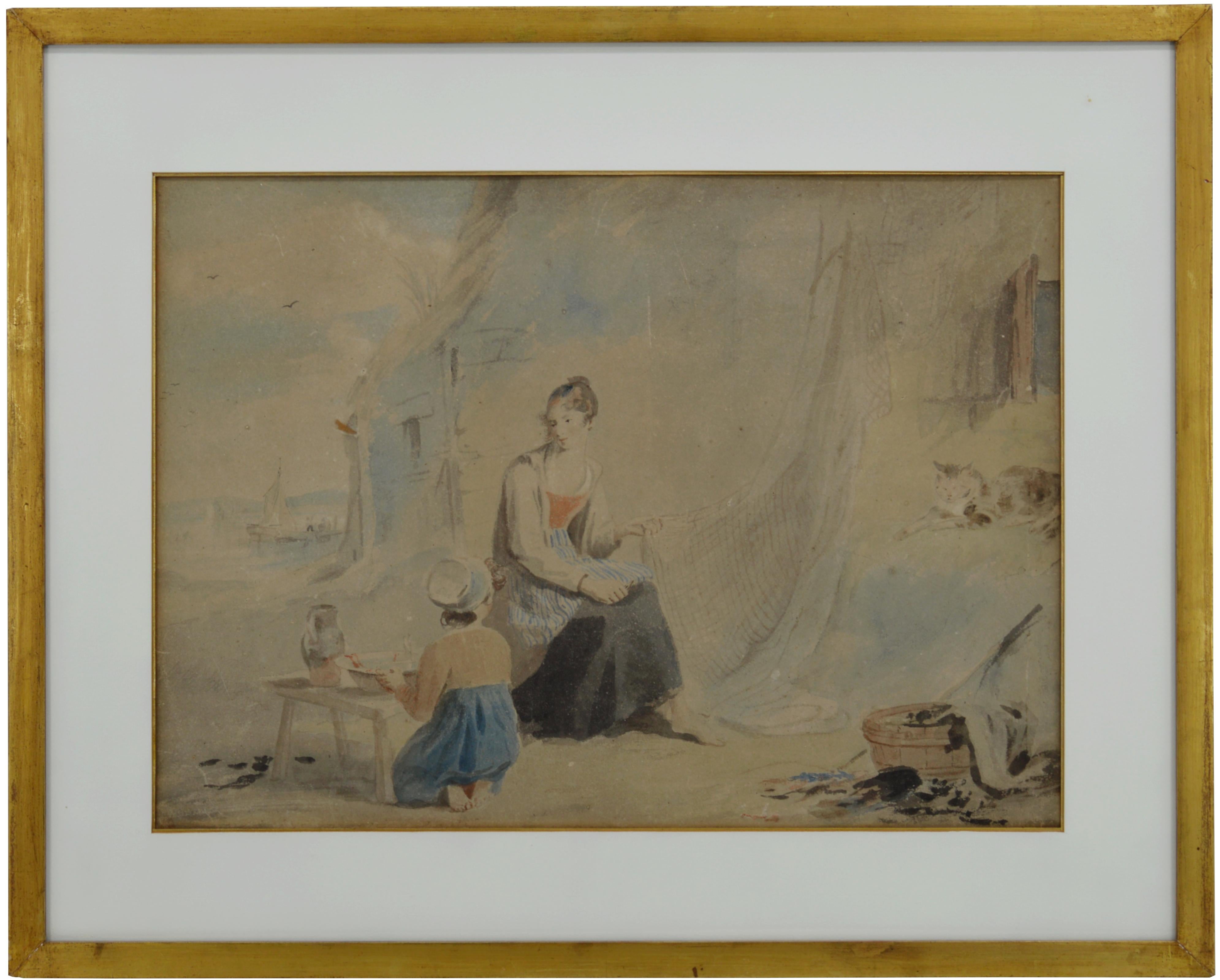 Précieuse aquarelle attribuée à James WARD (1769-1859) - Angleterre, 1830-1840. La famille du pêcheur. Dimensions : Vue : 20 "x14.6" (51x37 cm), Avec cadre : 26.6 "x21.5" (67.5x54.5 cm). Le cadre est doré avec des feuilles d'or. Non signée. Achetée