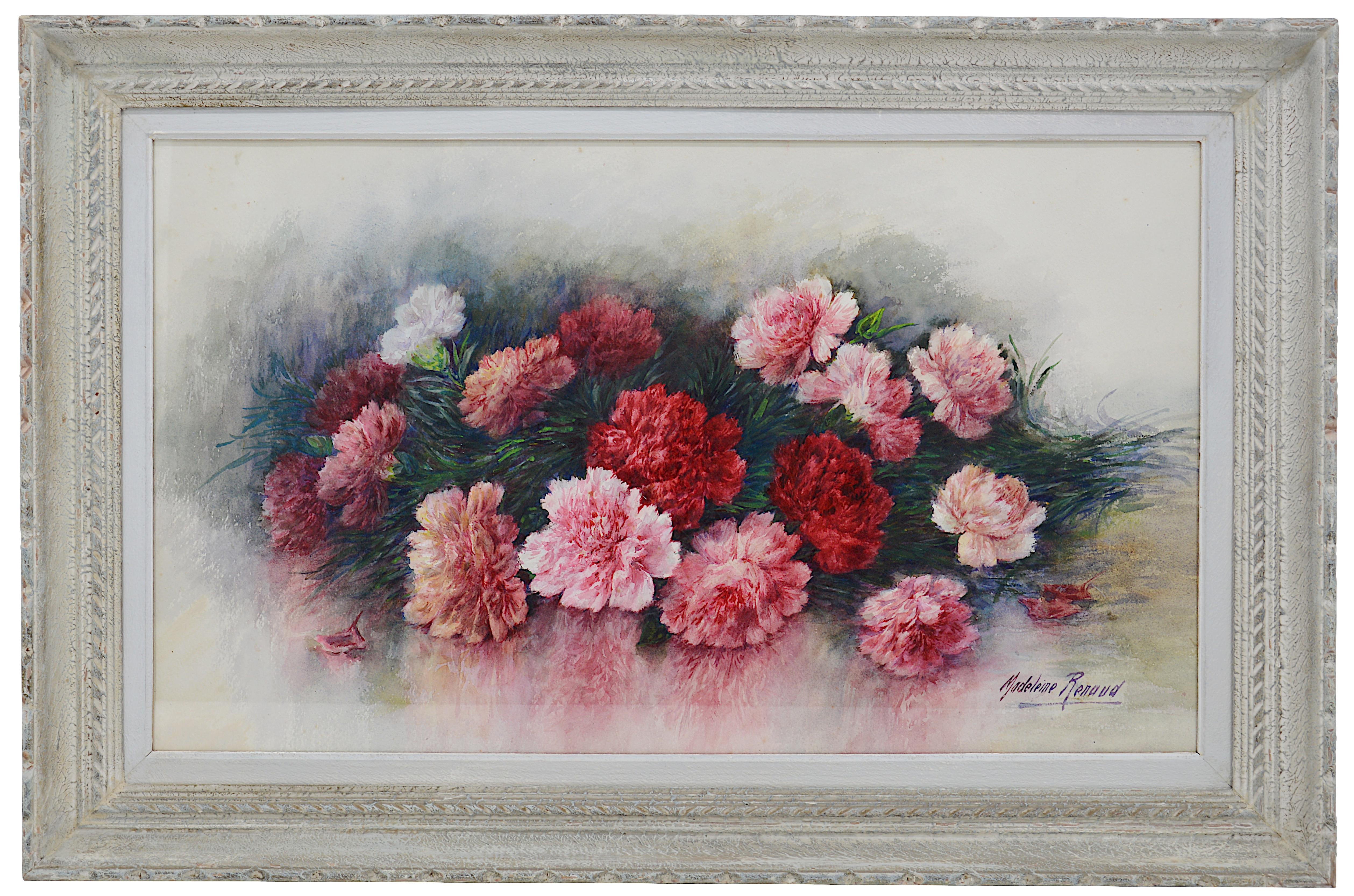 Madeleine Renaud Still-Life - Madeleine RENAUD, Watercolor, The Wreath Of Carnations