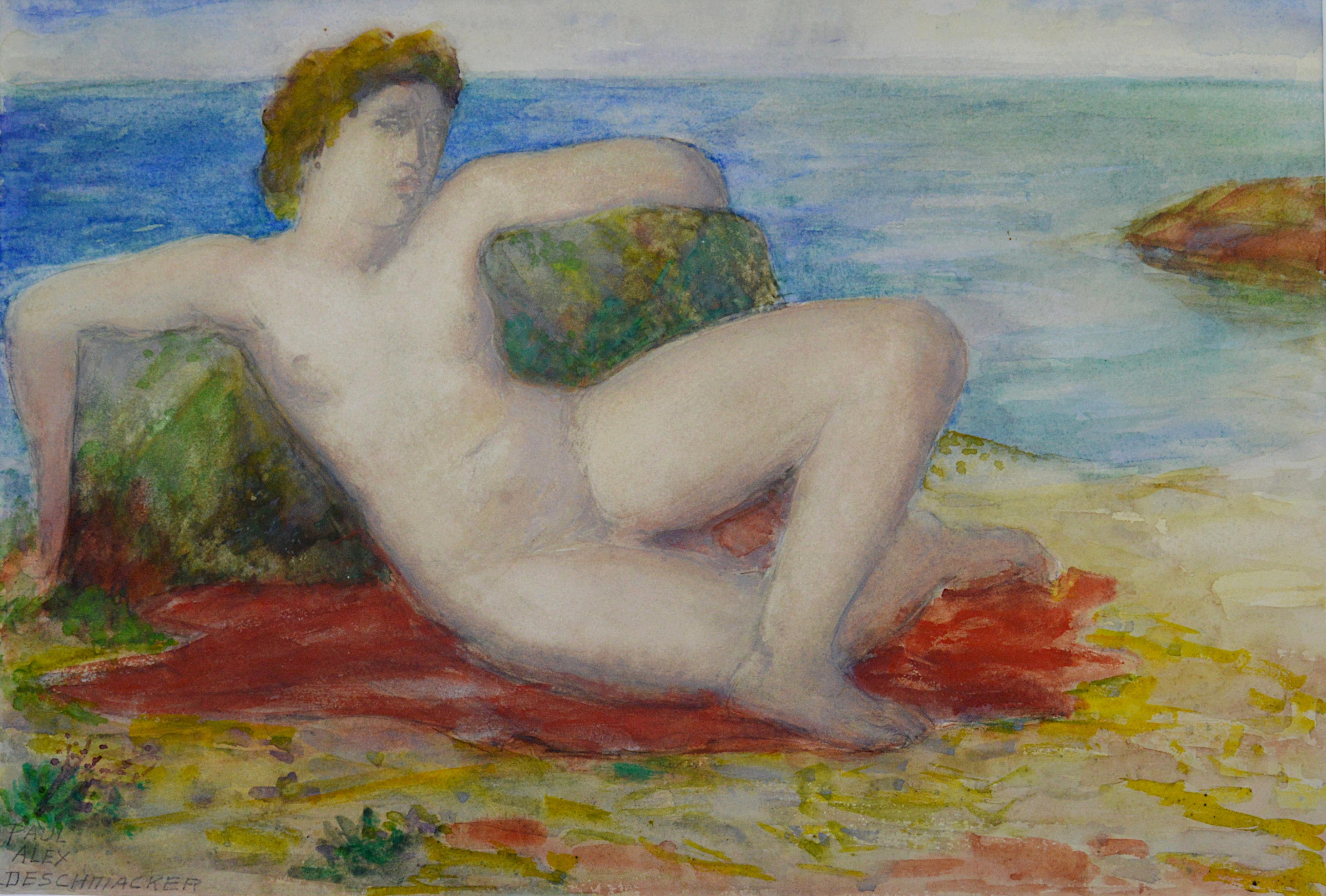 Deschmacker, Jeune femme allongée au bord de la mer, aquarelle