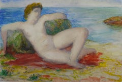 Deschmacker, Jeune femme allongée au bord de la mer, aquarelle