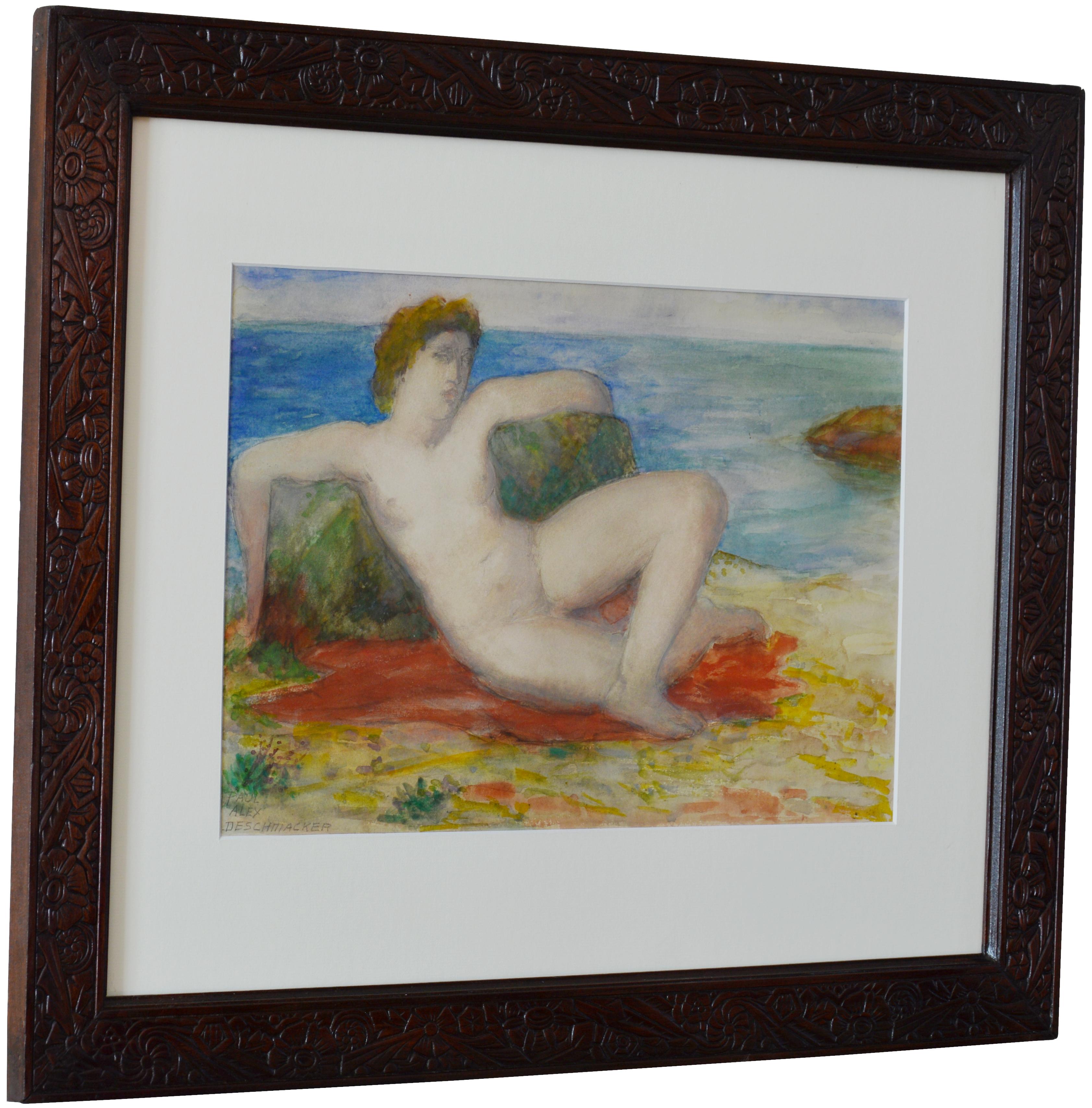 Deschmacker, Jeune femme allongée au bord de la mer, aquarelle - Art de Paul Alex Deschmacker