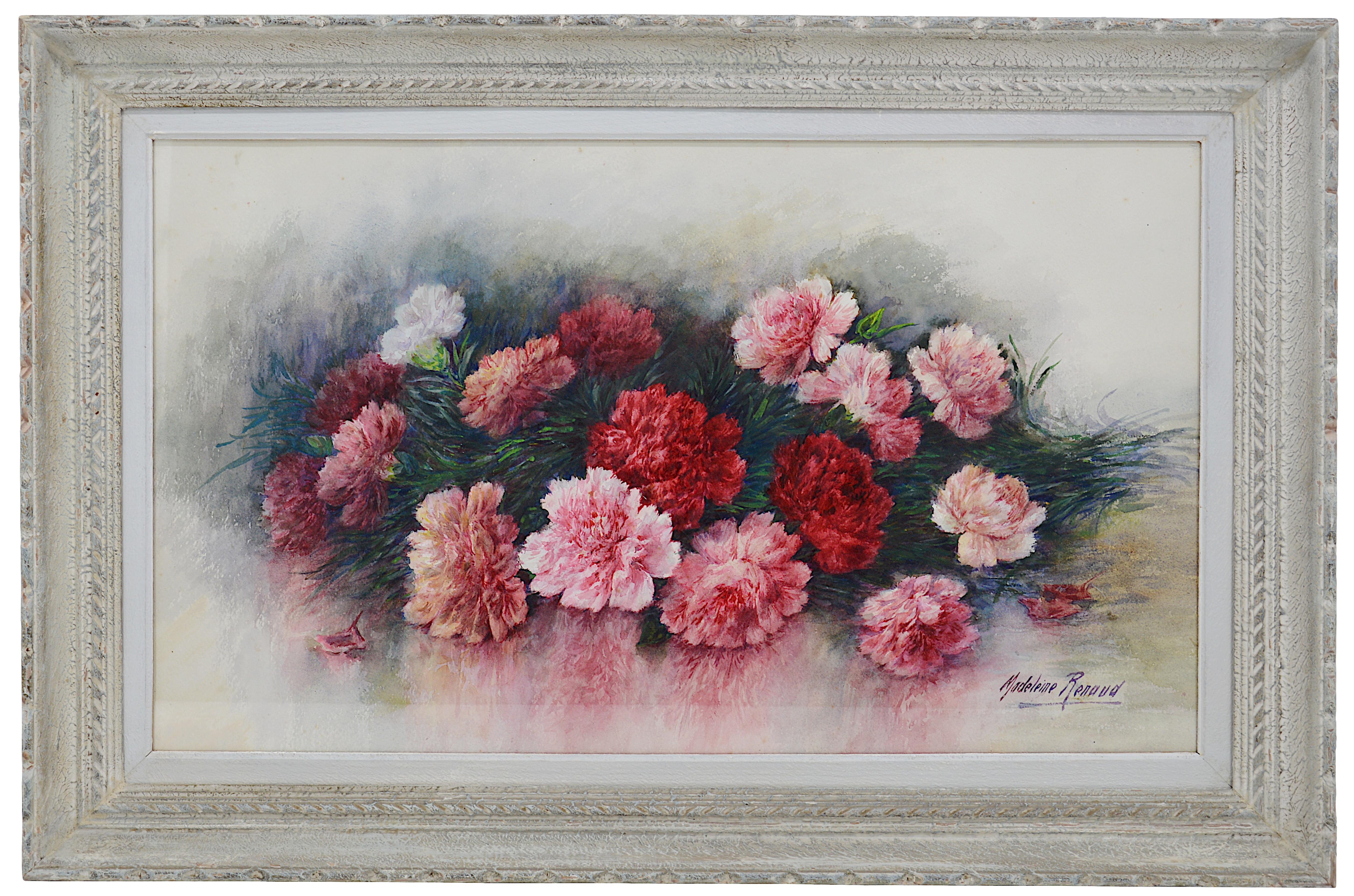 Acuarela de Madeleine RENAUD (1900-1994), Francia. Corona de Claveles. Con marco: 60,2x89 cm - 23,7x35 pulgadas
sin marco: 73x43 cm - 28,7x16,9 pulgadas. Firmado 