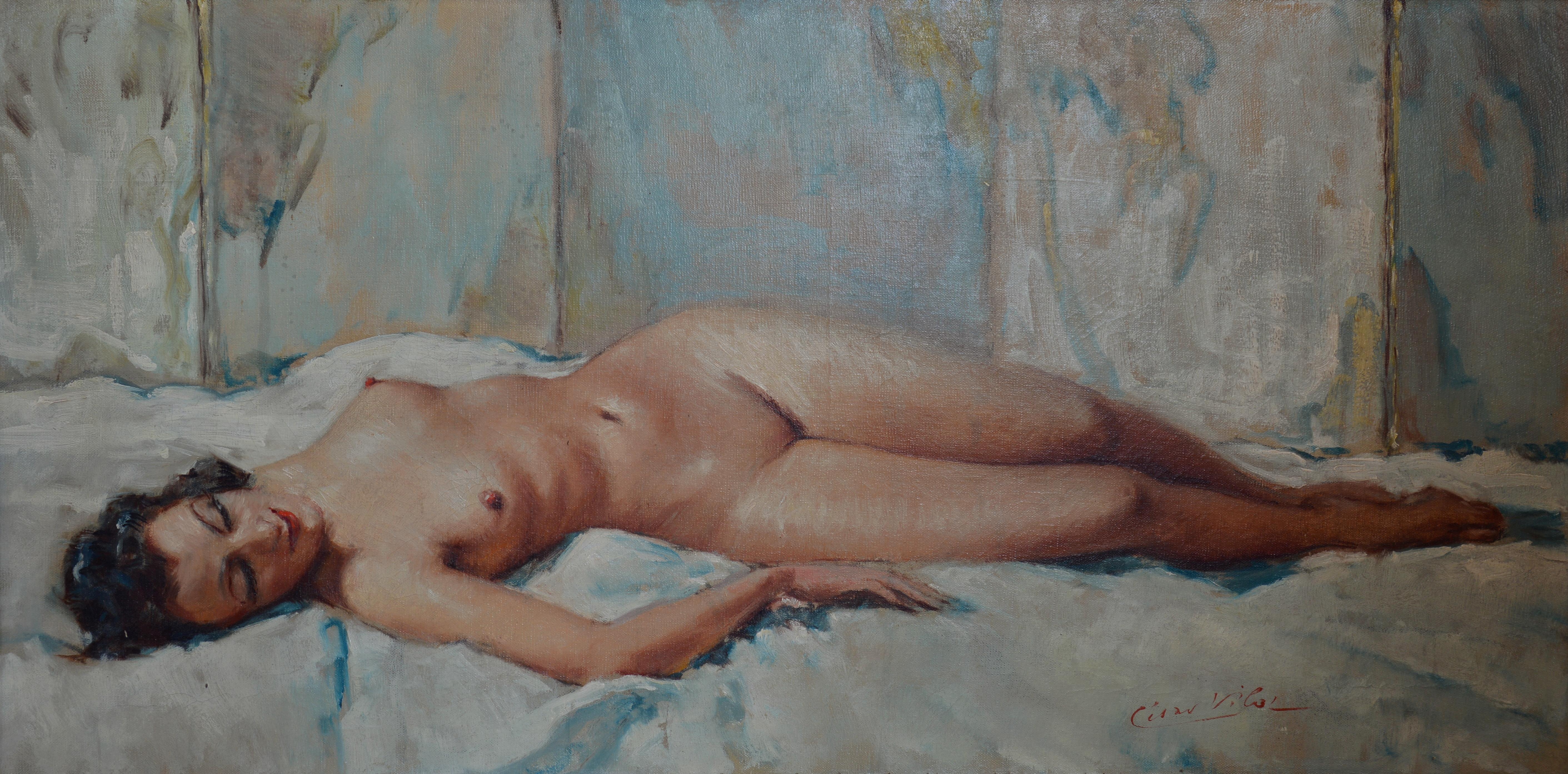 Französisches Art-Déco-Ölgemälde auf Leinwand:: junge nackte Leierjungfrau:: Vilol:: 1930 – Painting von Cesar Vilol