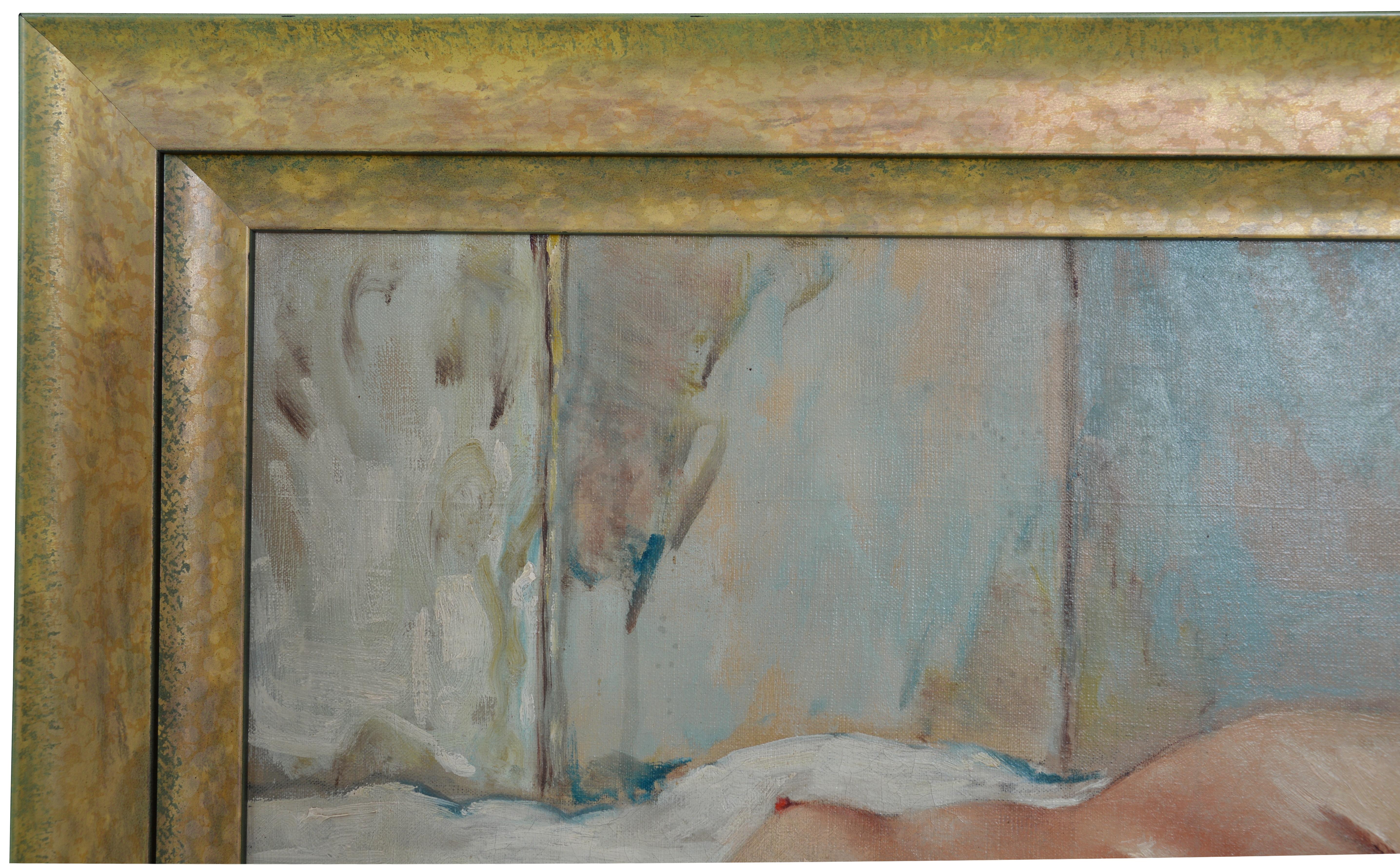 Französisches Art-Déco-Ölgemälde auf Leinwand:: junge nackte Leierjungfrau:: Vilol:: 1930 (Art déco), Painting, von Cesar Vilol