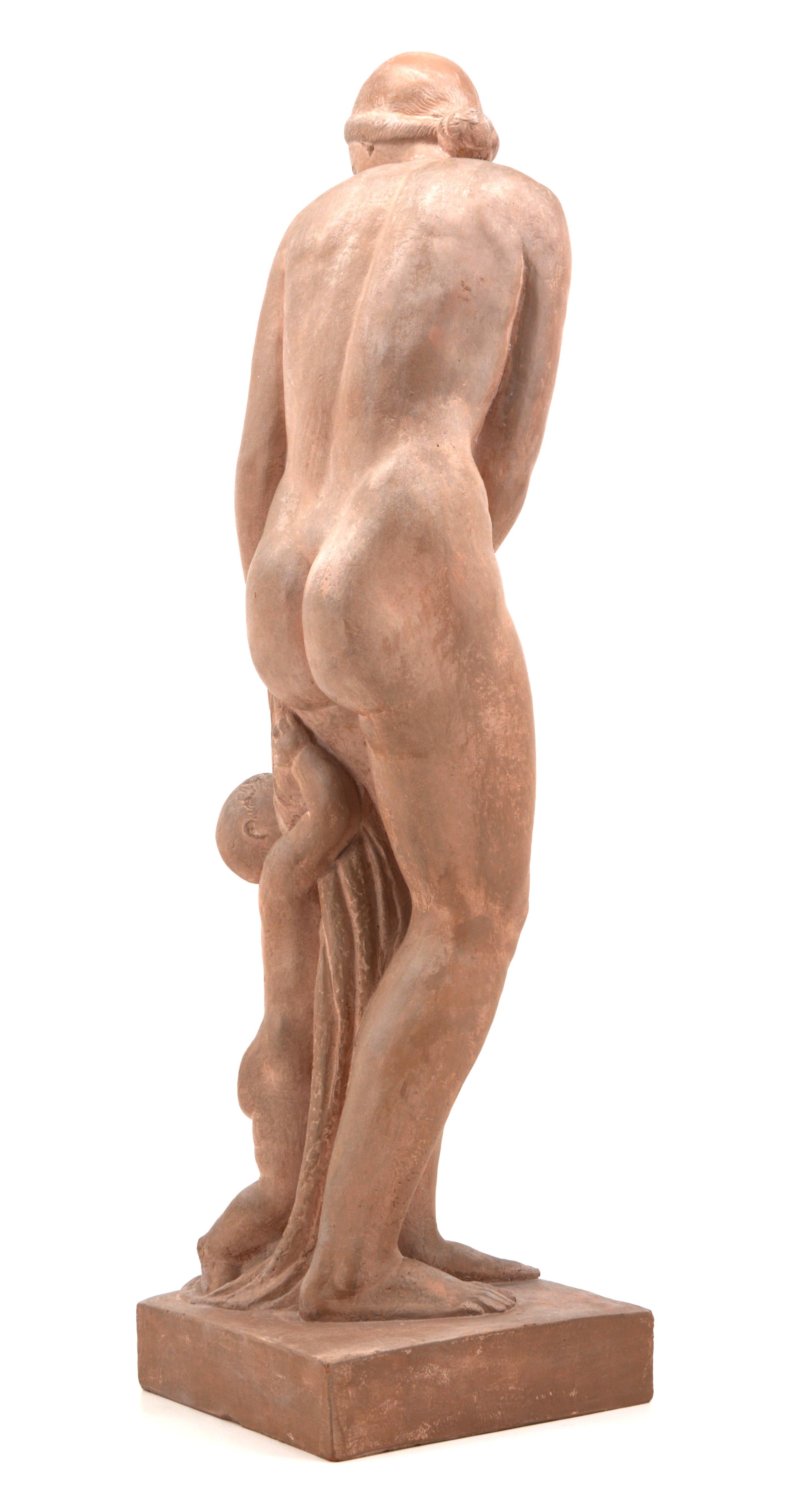 Large terracotta by Auguste Gilbert Privat (1892-1969), 1920s, France. Bather with a child. H 64.4 cm, 25.4 in - W 18.8 cm, 7.4 in - D 16.7 cm, 6.6 in. Signed on the right side of the base 