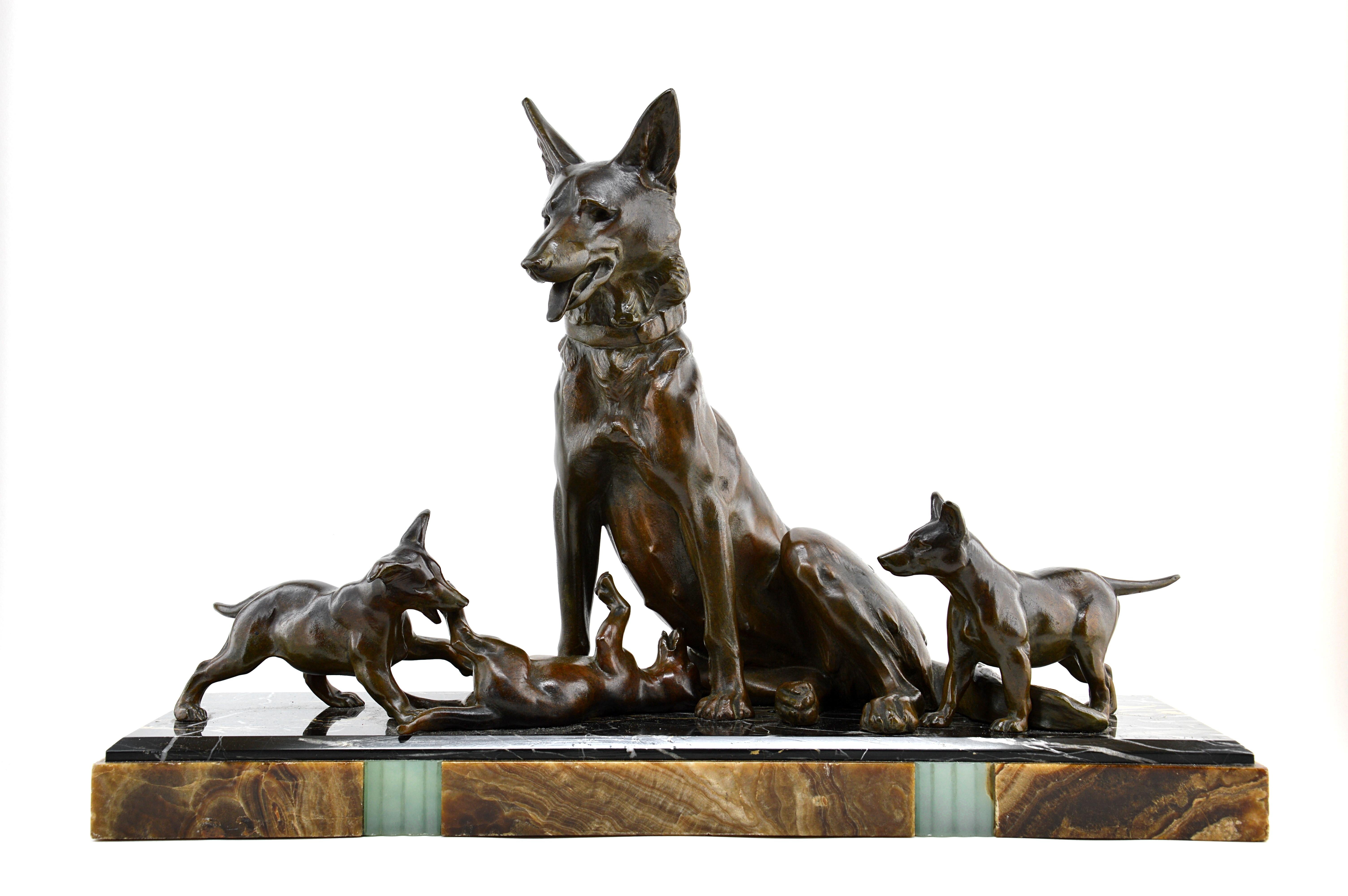 M. Plagnet Figurative Sculpture - Large Art Deco Shepherd Dog with Playful Puppies Sculpture