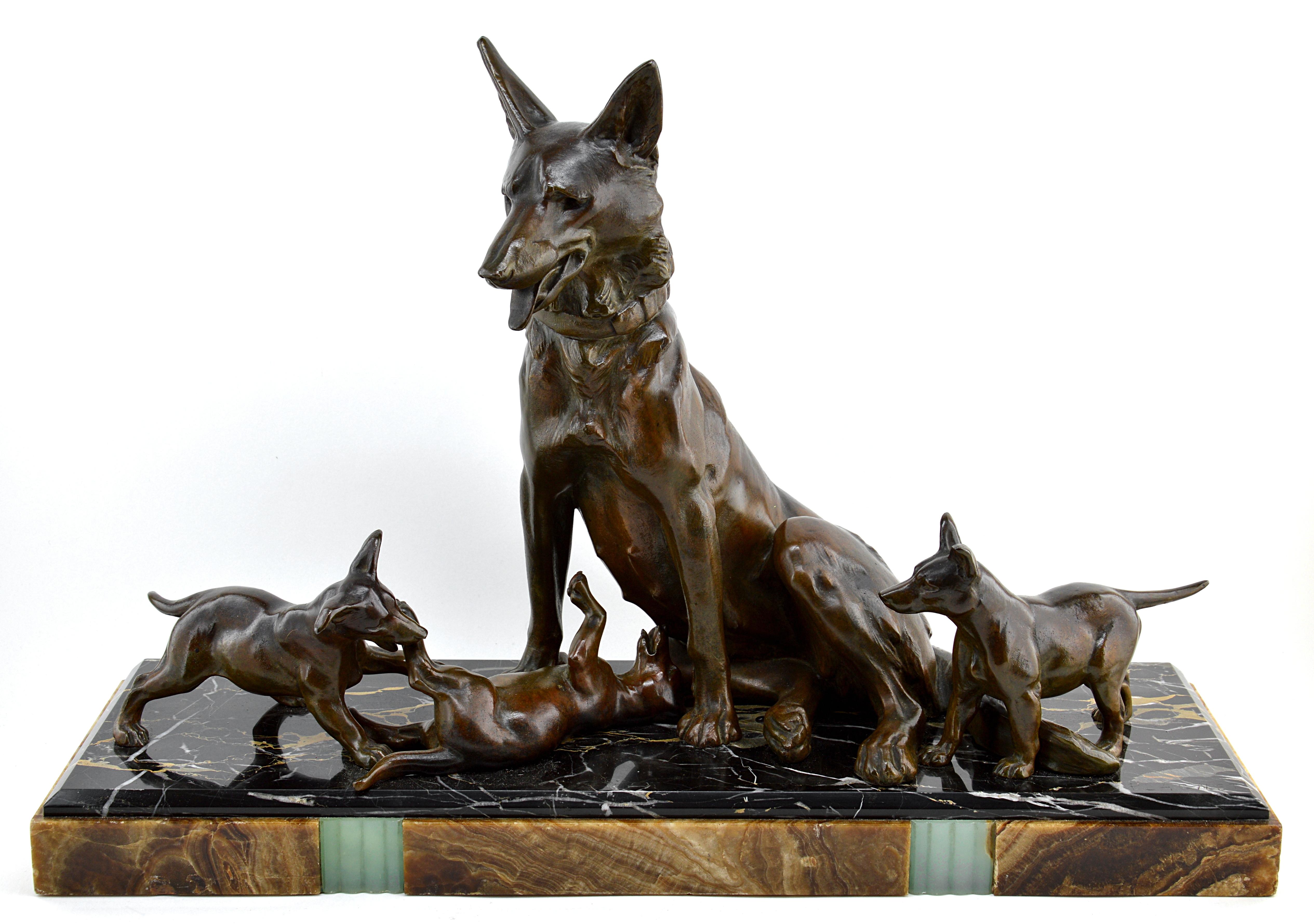 Amazing huge German shepherd sculpture by Plagnet, France, 1930s. Mother with her puppies. Spelter, marble and onyx. Signed 