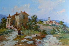 Paysage et village en Provence - Huile sur carton rigide