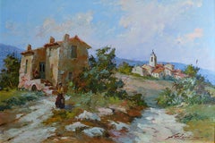 Paysage et village en Provence - Huile sur carton rigide