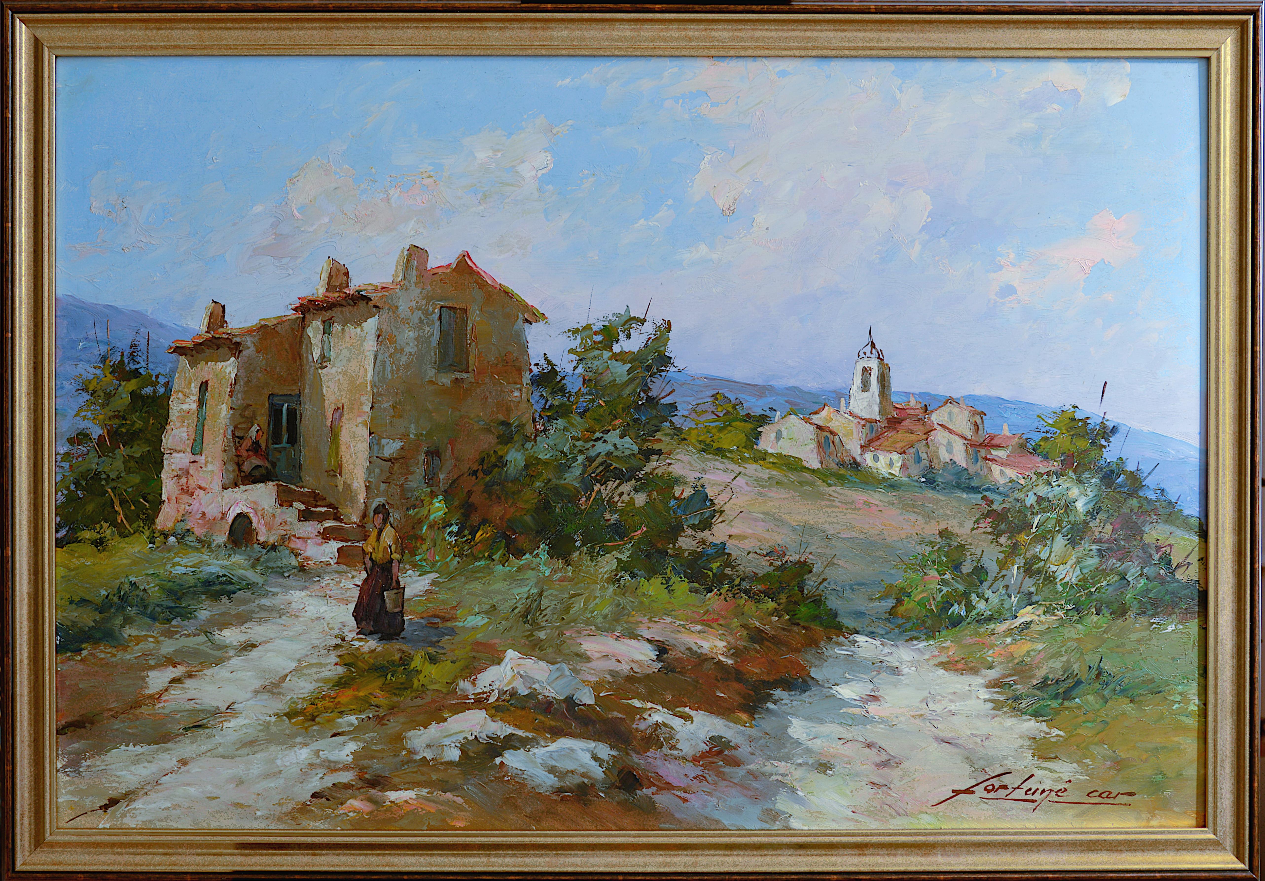 Paysage et village en Provence - Huile sur carton rigide - Painting de Fortuné CAR