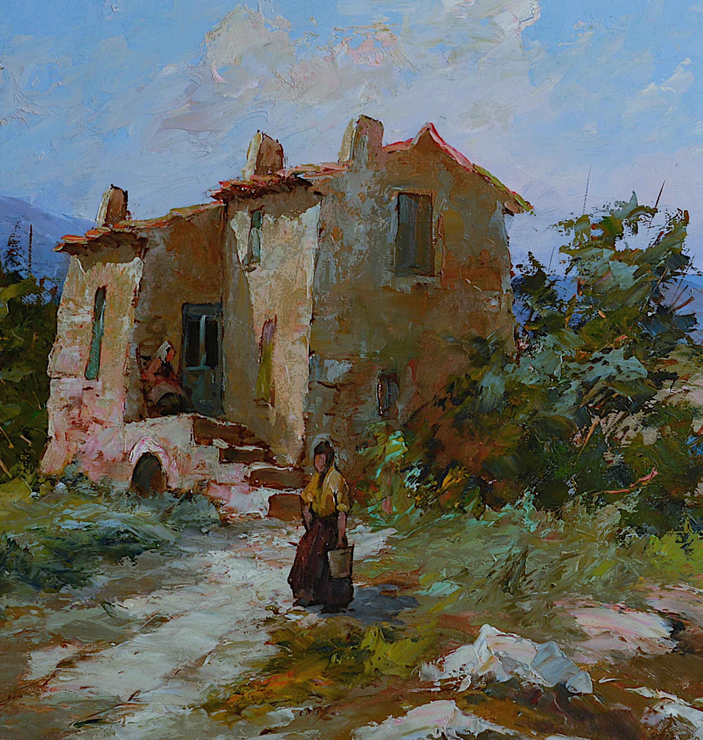 Paysage et village en Provence - Huile sur carton rigide - Réalisme Painting par Fortuné CAR