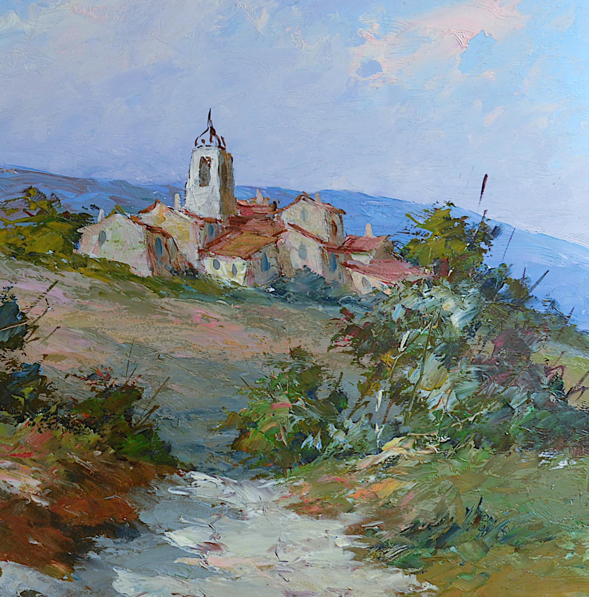 Paysage et village en Provence - Huile sur carton rigide - Gris Figurative Painting par Fortuné CAR