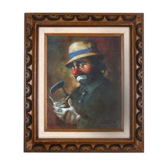 Vintage Chuck Oberstein Signed Framed Oil on Canvas "Clown Holding Golf Score Card"