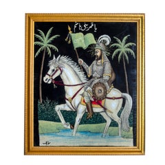 Embroidered Persian Carpet Armored Man on Horseback Framed 35 in. x 30 in.