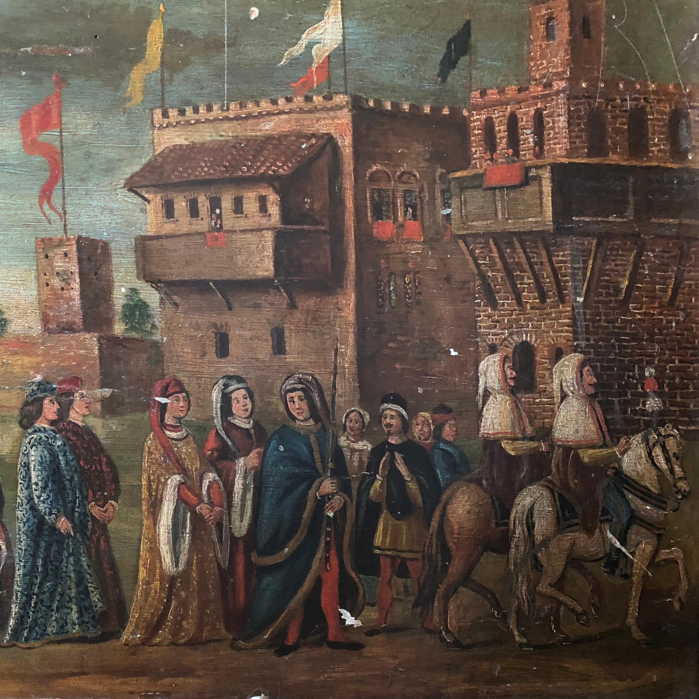 The Doge of Venice 15th Century Italian Renaissance Cassone

The painting on the front panel of the cassone shows the Doge parading along the banks of Medieval Venice; he is wearing his robes, Ermine cape and the jeweled red Phrygian cap on his