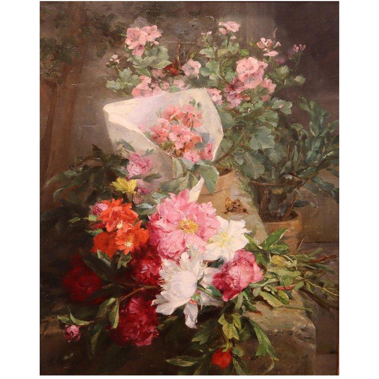 Antoine Grivolas Oil on Canvas, Spring Flower 1902 French