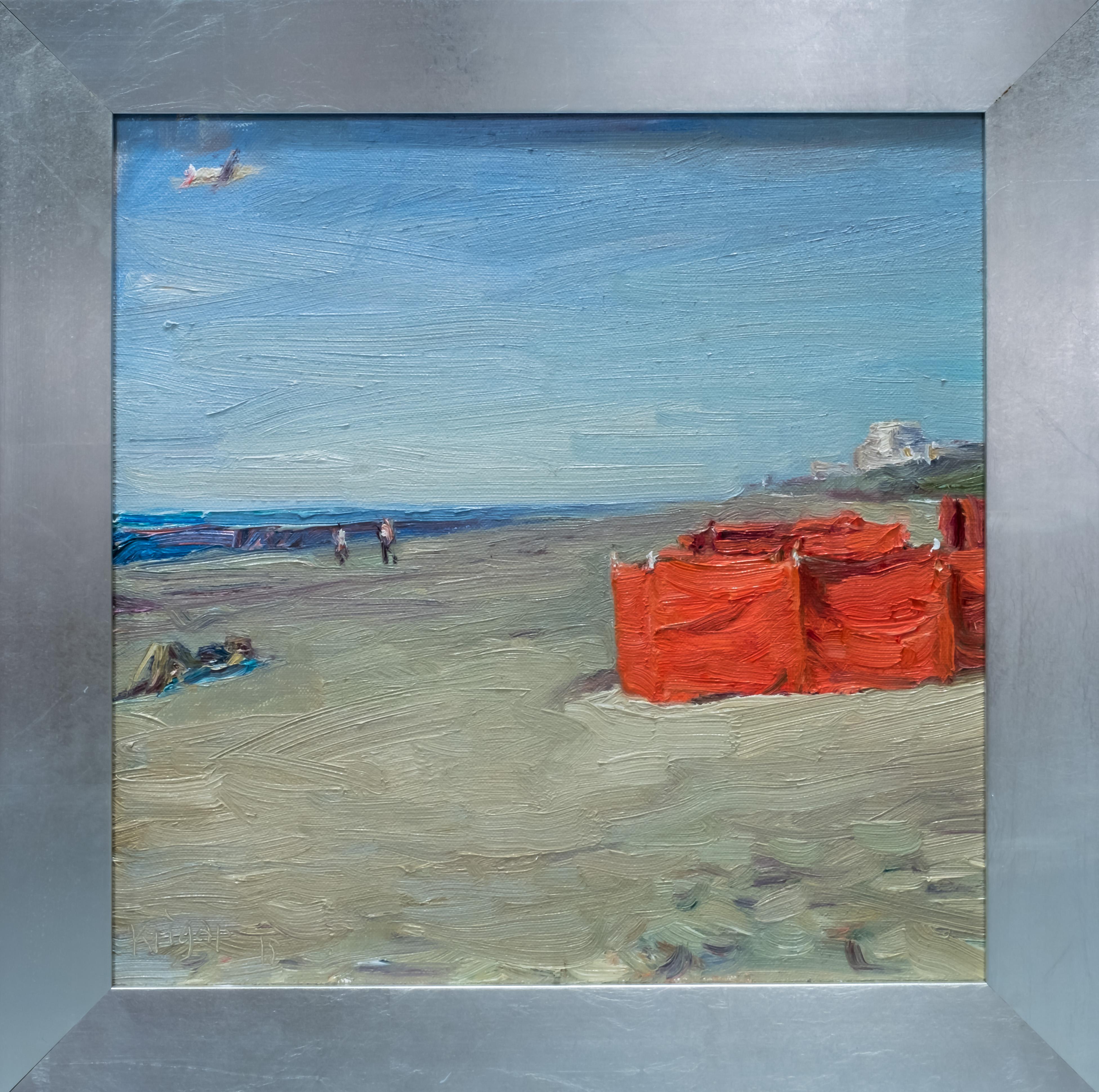 Impressionistic style Beach scene in Orange - Painting by Andre Krigar