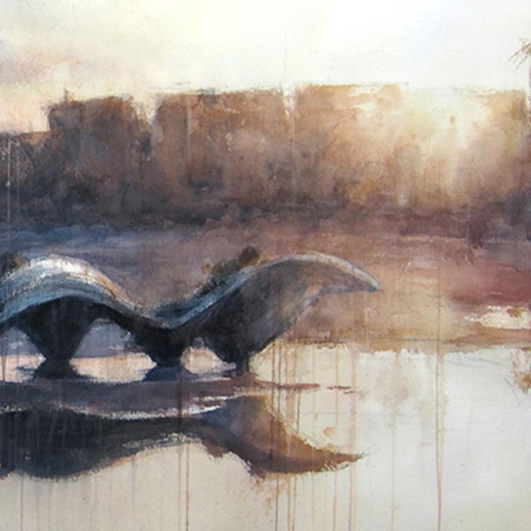 Watching the Sunset - 21st Century, Contemporary, Landscape, Watercolor on Paper - Gray Landscape Art by Ekaterina Smirnova
