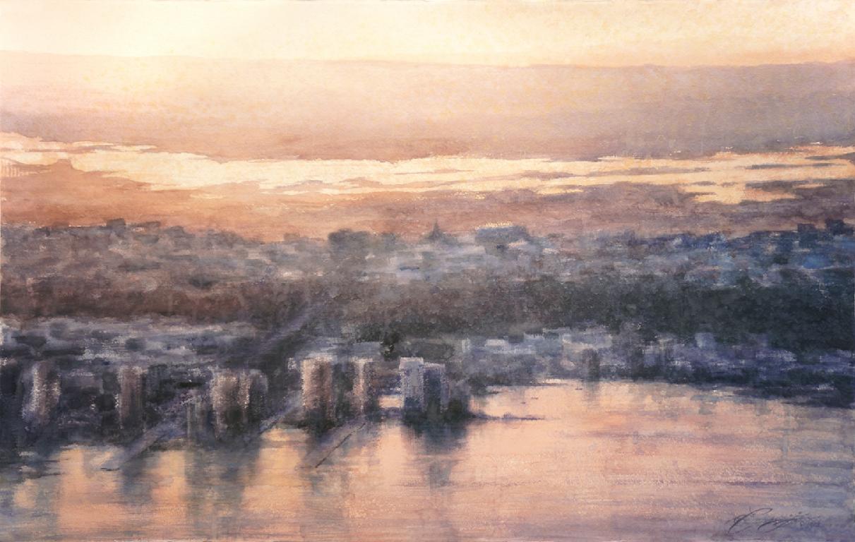 New Jersey Sonnenuntergang – 21. Jahrhundert, Zeitgenössisch, Landschaft, Aquarell auf Papier