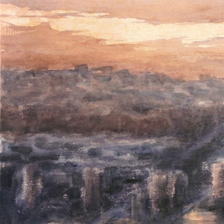 New Jersey Sunset - 21st Century, Contemporary, Landscape, Watercolor on Paper - Brown Landscape Art by Ekaterina Smirnova