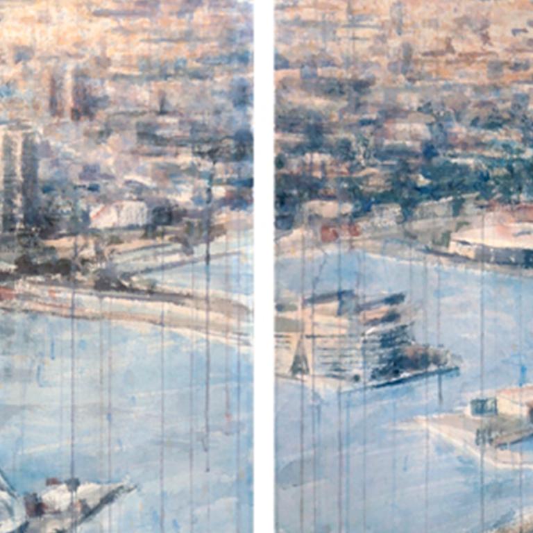 Los Puertos de Barcelone - 21e siècle, contemporain, paysage, aquarelle, papier - Gris Landscape Art par Ekaterina Smirnova