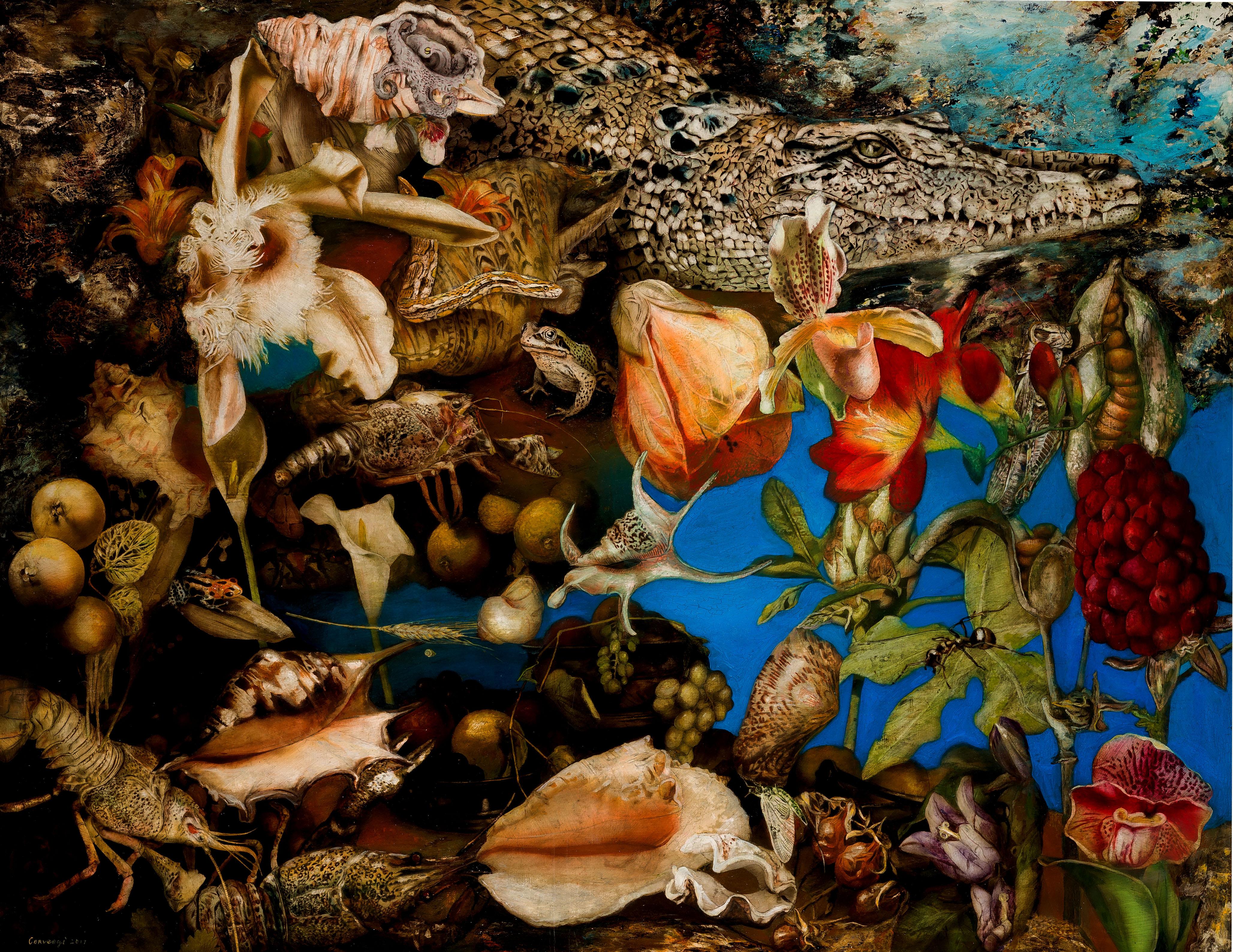 Albergue Garten – 21. Jahrhundert, Zeitgenössisches, figürliches Gemälde, Öl auf Leinwand