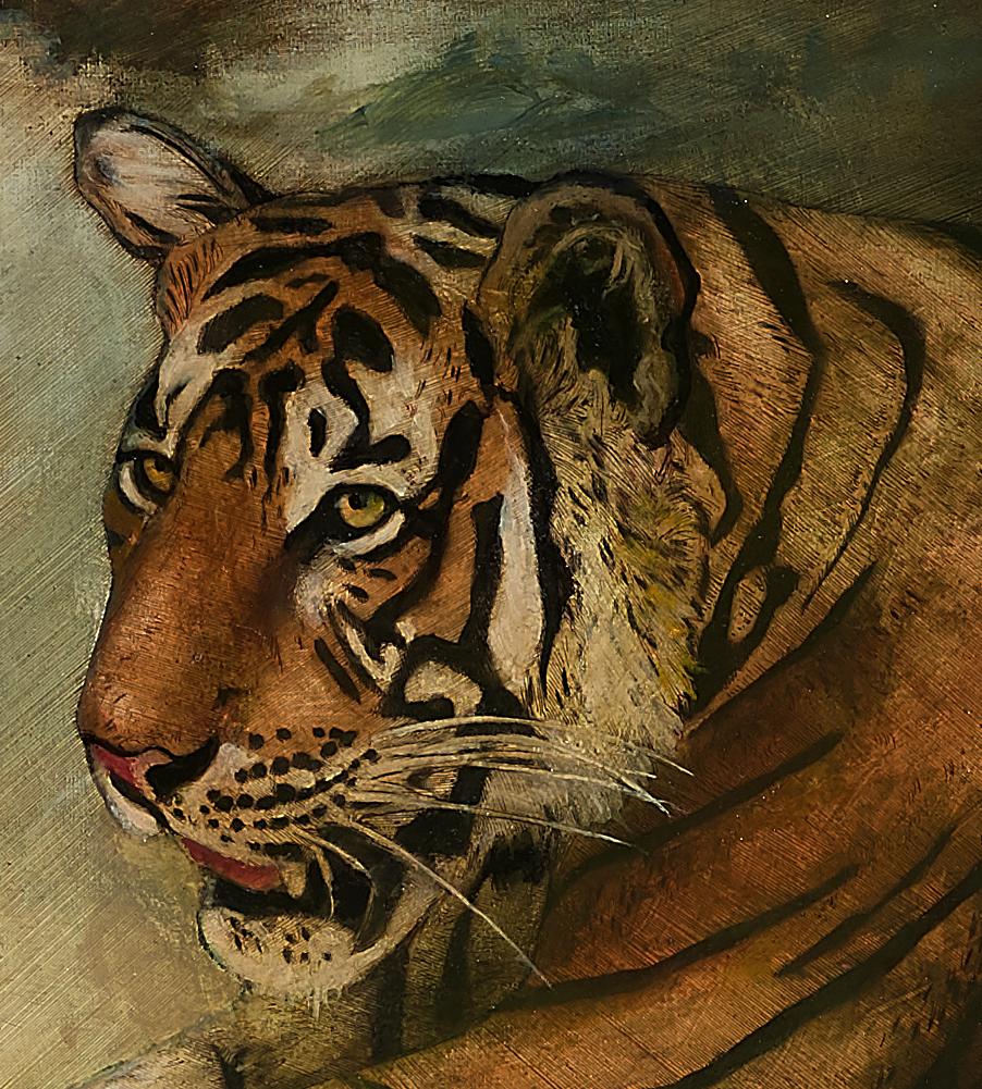 Two Tigers - 21st Century, Contemporary, Figurative Painting, Oil on canvas - Brown Animal Painting by Corvengi