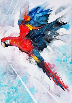 Macao en vol - 21e siècle, peinture contemporaine, graffiti, oiseau volant