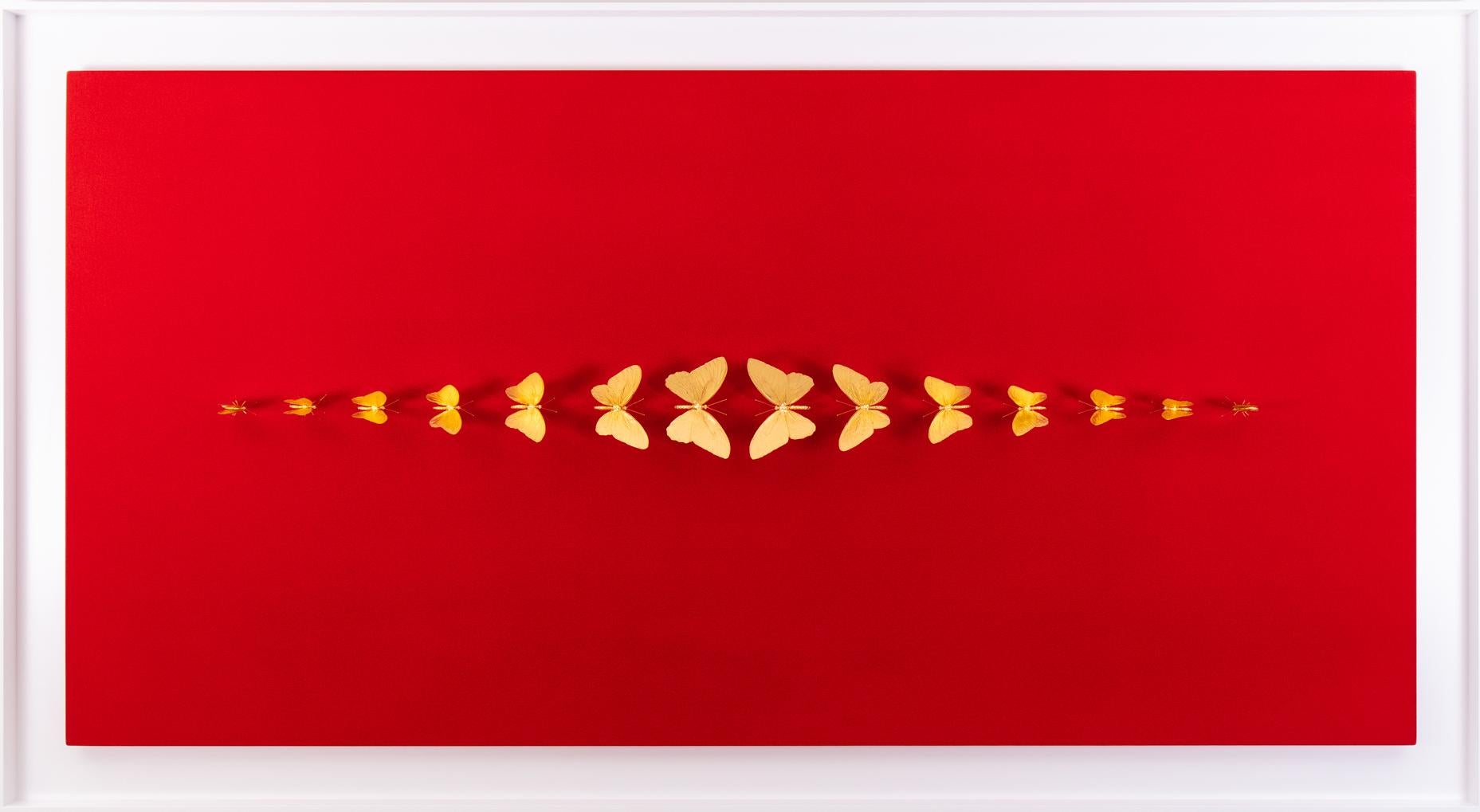 Metamorphosis Red II - 21st Century, Contemporary Figurative, Golden Butterflies - Mixed Media Art by Samuel Dejong