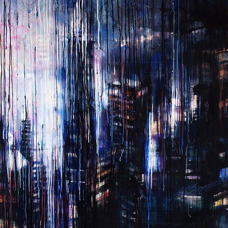 Megalopolis Lights - 21st Century, Contemporary, Landscape, Watercolor on Paper - Black Landscape Art by Ekaterina Smirnova
