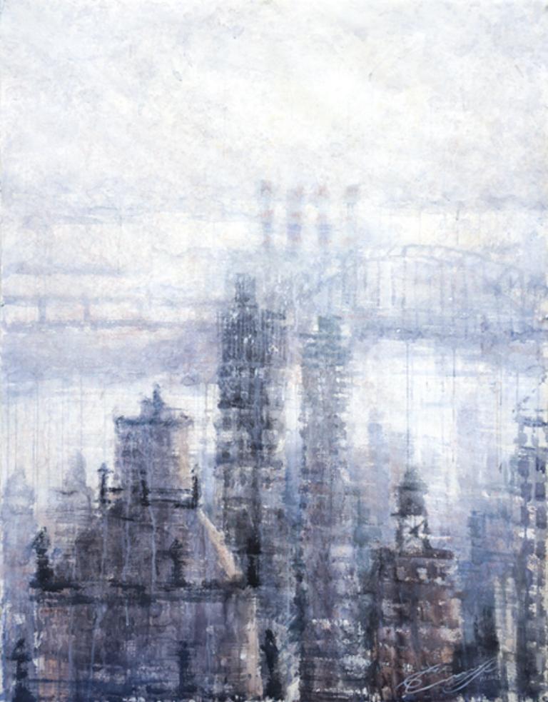 Downtown Blue - 21st Century, Contemporary, Landscape, Watercolor on Paper