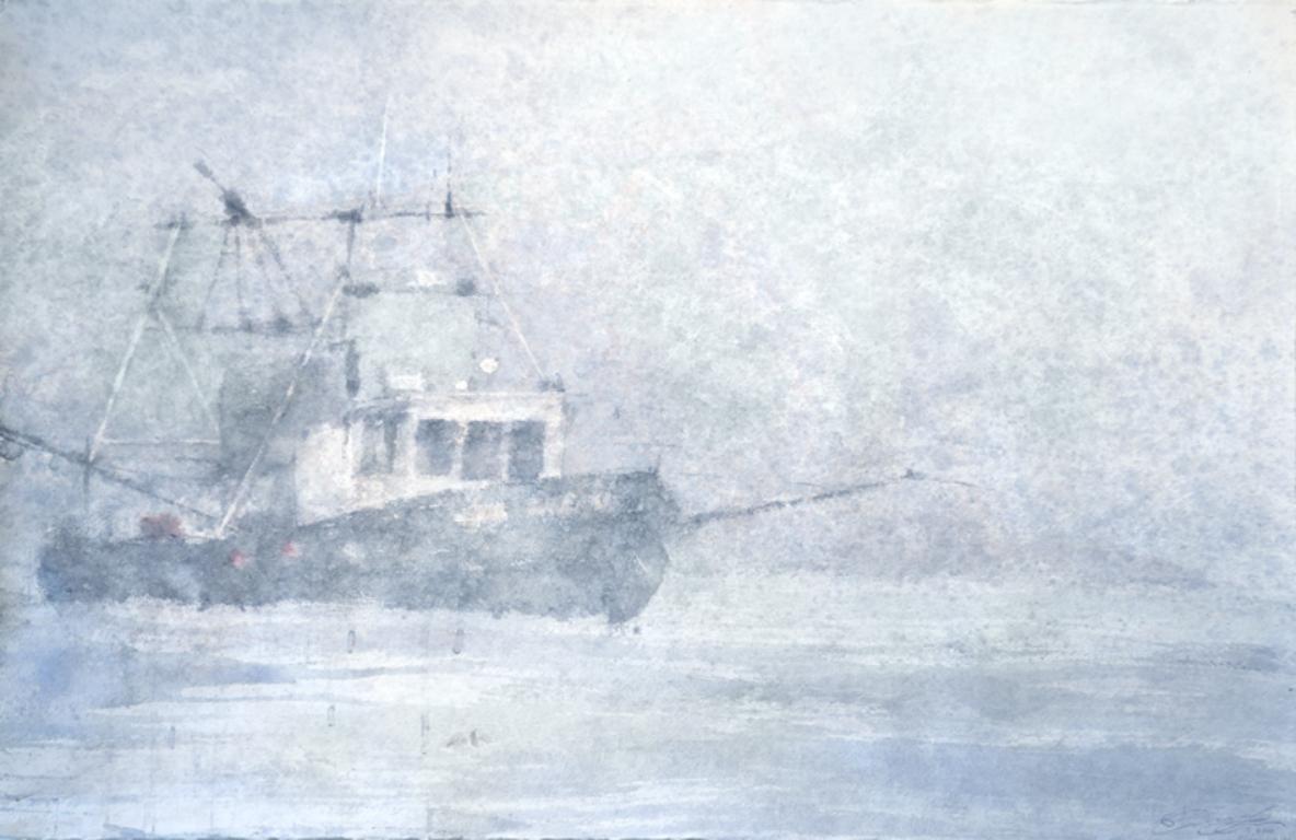 Lost In Fog - 21st Century, contemporain, paysage marin, aquarelle sur papier, bateau