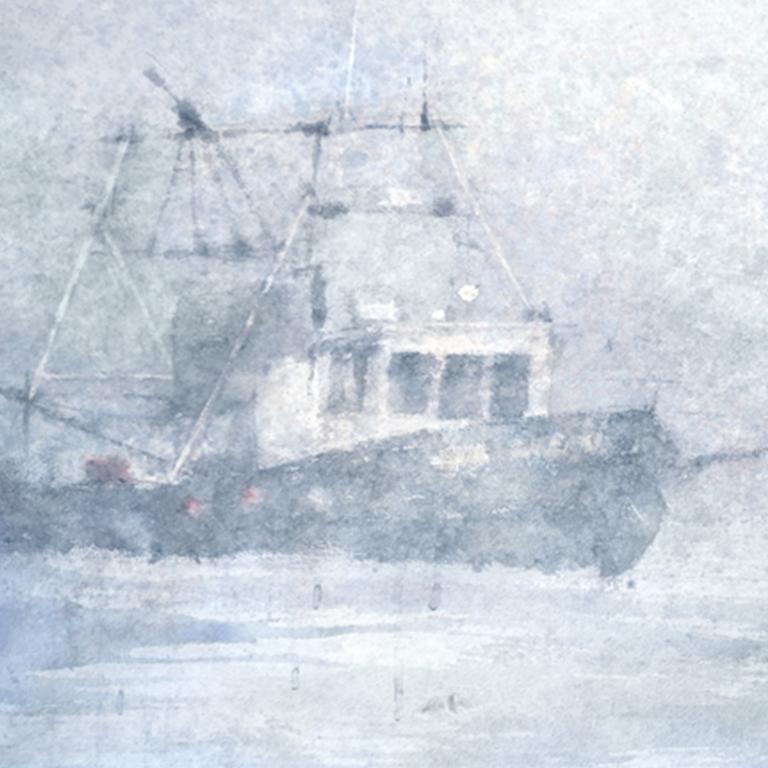 Lost In Fog - 21st Century, Contemporary, Seascape, Watercolor on Paper, Ship - Painting by Ekaterina Smirnova