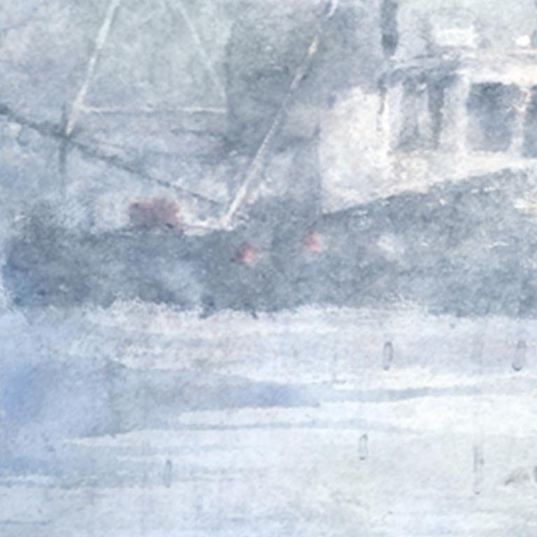 Lost In Fog - 21st Century, Contemporary, Seascape, Watercolor on Paper, Ship - Gray Landscape Painting by Ekaterina Smirnova