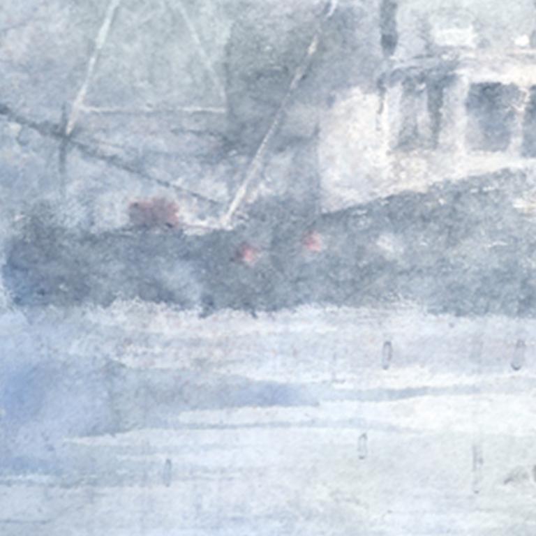 Lost In Fog - 21st Century, contemporain, paysage marin, aquarelle sur papier, bateau - Gris Landscape Painting par Ekaterina Smirnova
