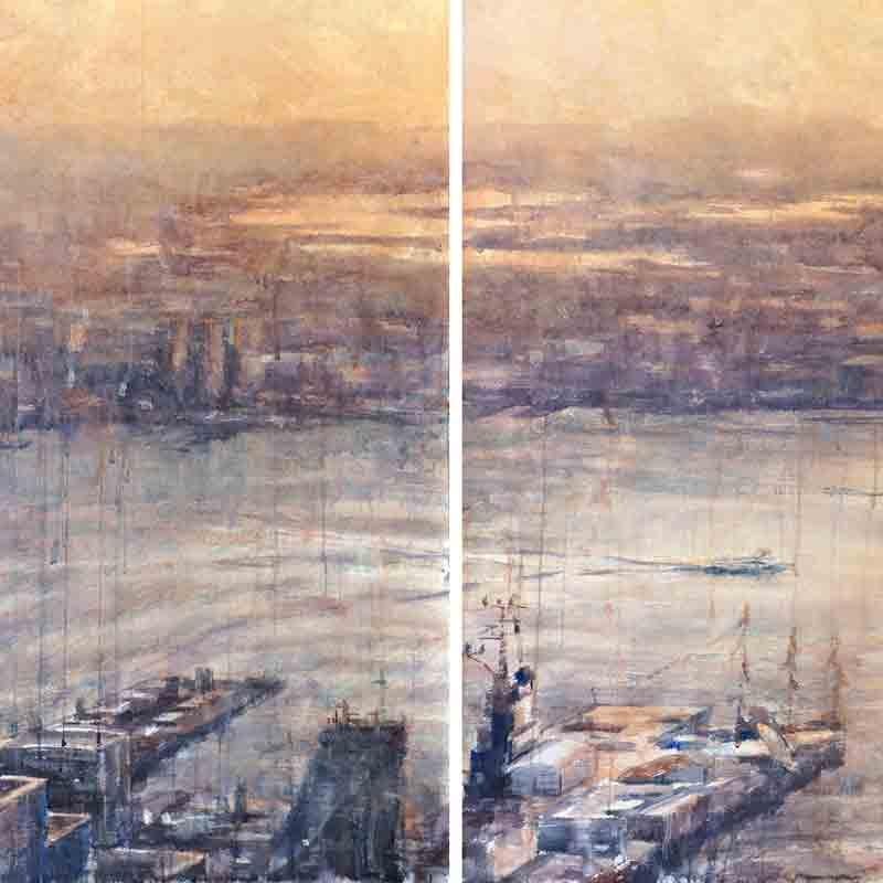 Hudson Diptych - 21st Century, Contemporary, Seascape, Watercolor on Paper - Beige Landscape Painting by Ekaterina Smirnova