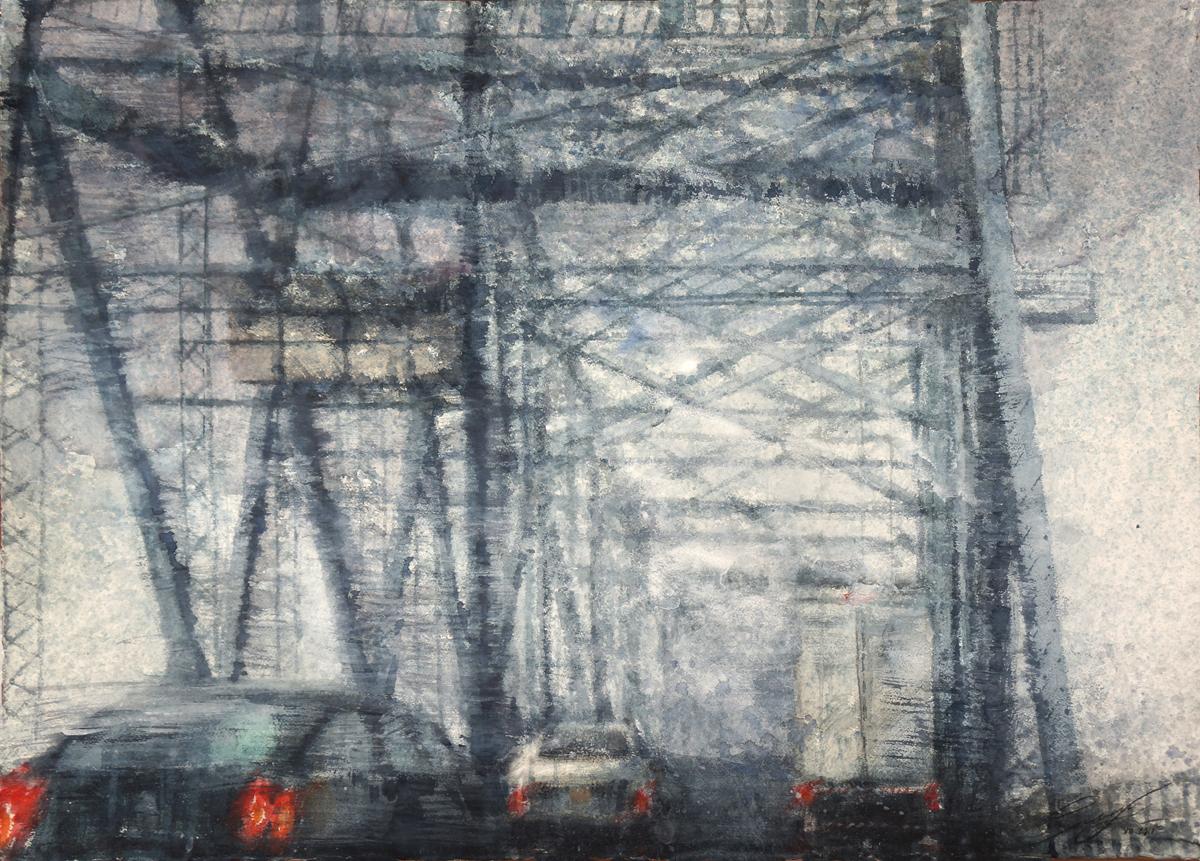 Rainy Way 5 - 21st Century, Contemporary, Landscape, Watercolor on Paper, Bridge