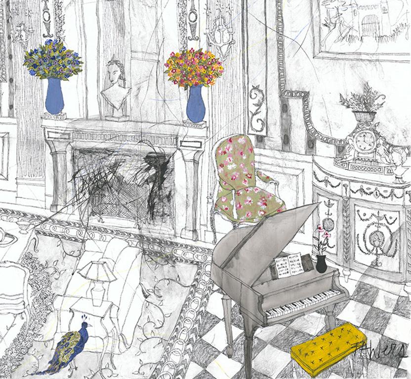 The Peacock in the Lounge - 21st Cent, Contemporary Figurative Drawing, Charcoal - Art by Francisca Ahlers