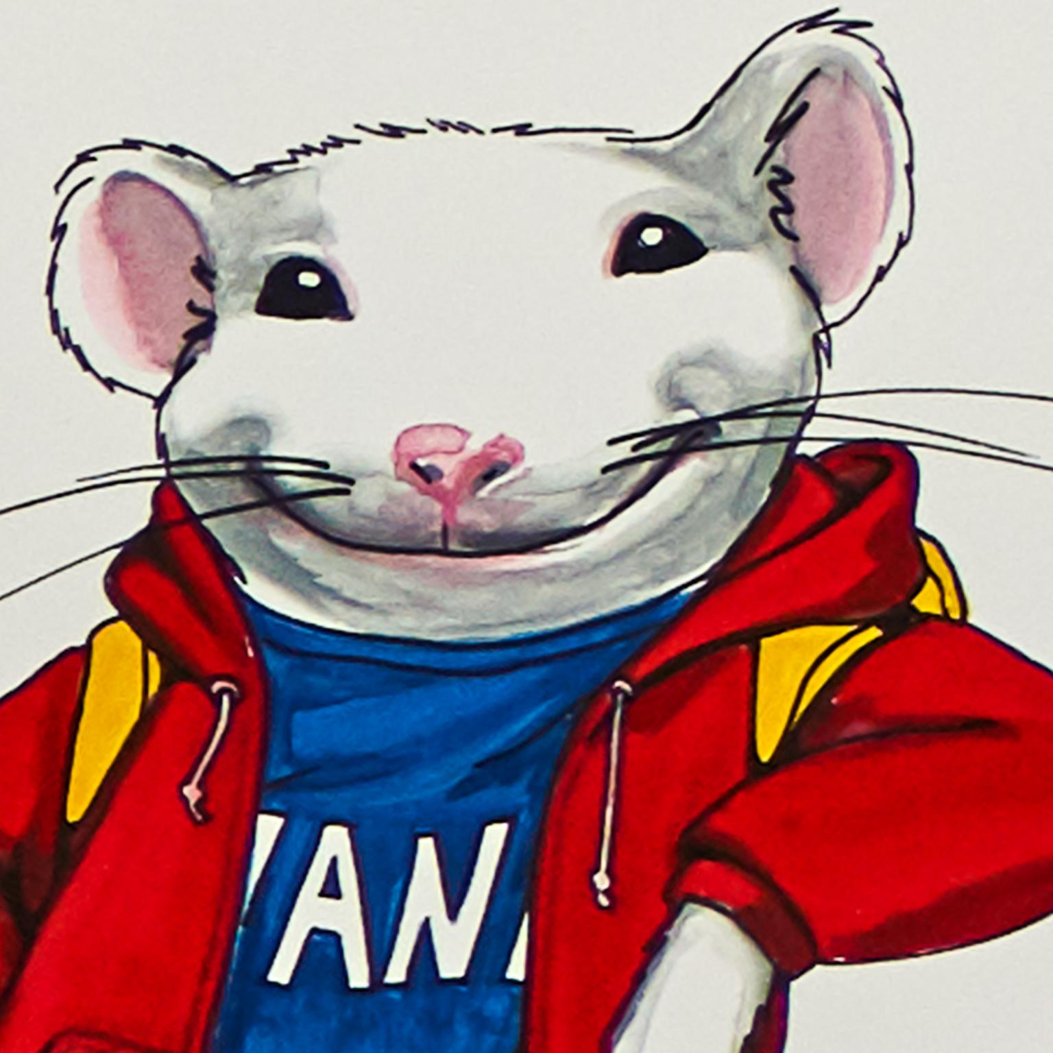 This original concept drawing for Stuart Little 2 has been personally signed by celebrated illustrator, Felipe Sanchez. It shows Stuart Little dressed in a red hoodie with yellow trimming, a blue t-shirt, yellow cargo pants and red & white