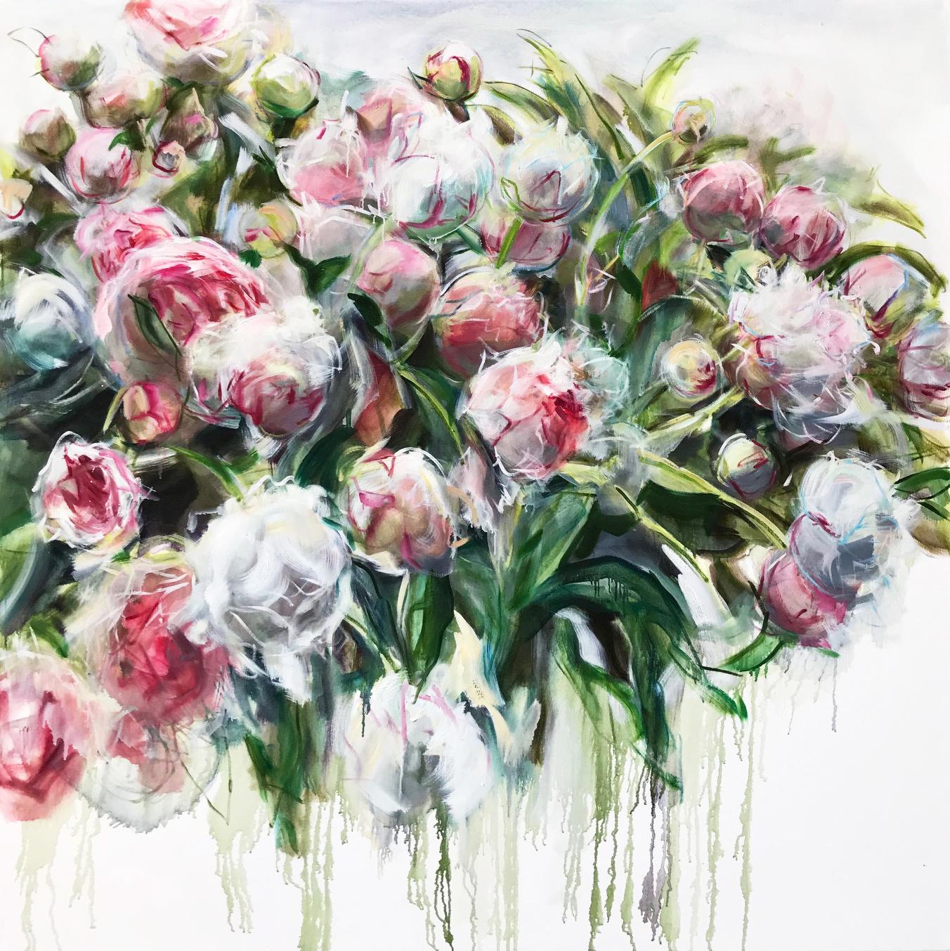 Evrard's paintings on canvas, panel and copper are composed of many layers of gestural brushstrokes, rendered in bright pigments to reflect the dynamism of her signature floral subject matter. Her compositions often incorporate dark swatches of deep