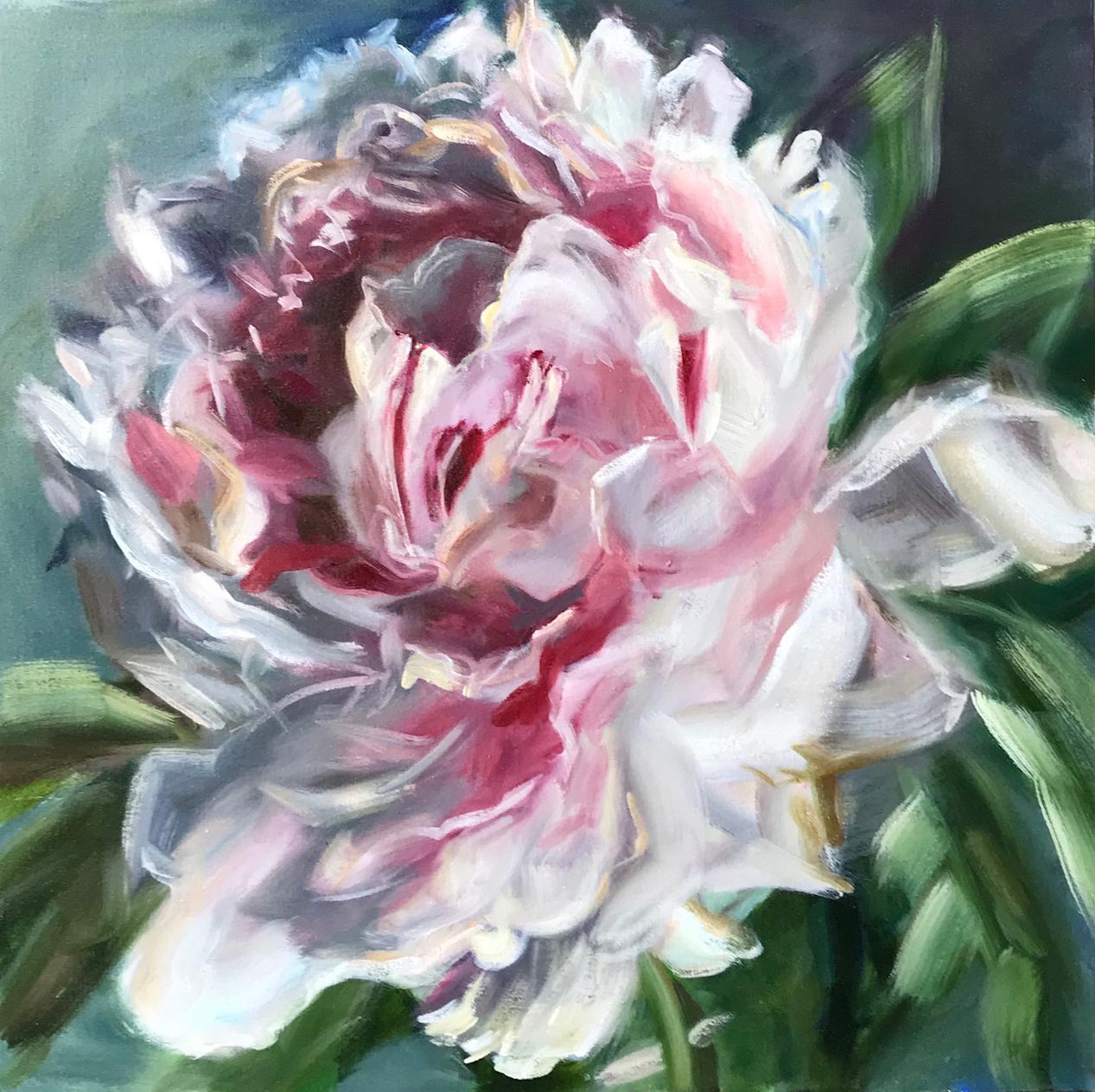 Evrard's paintings on canvas, panel and copper are composed of many layers of gestural brushstrokes, rendered in bright pigments to reflect the dynamism of her signature floral subject matter. Her compositions often incorporate dark swatches of deep