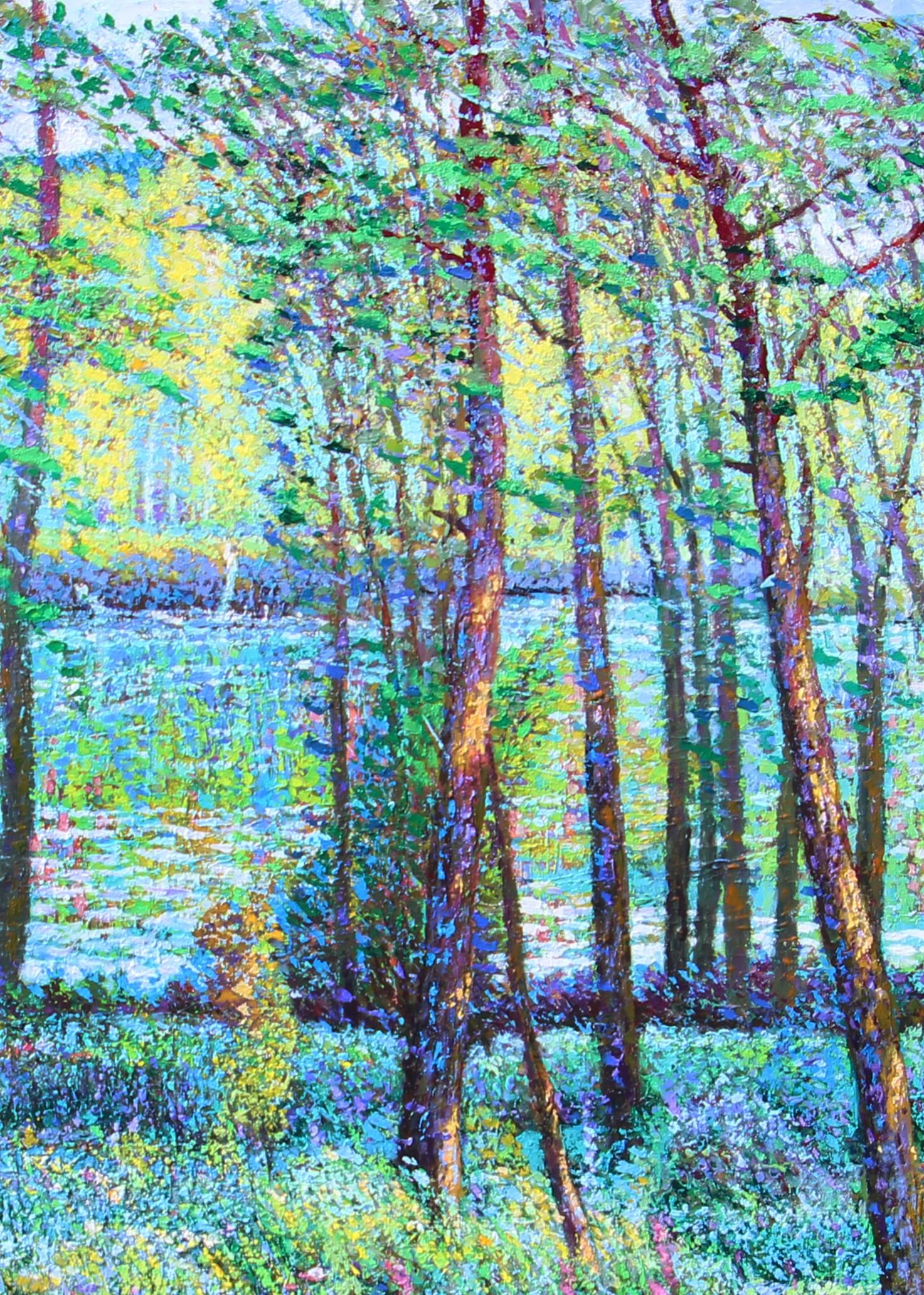 Shi Le's impressionistic paintings convey dancing sunlight on his landscapes using a wide-spectrum palette, and with use of a pointillist technique that produces a uniformly textured canvas surface. Wrapped canvas sides are painted black, so that