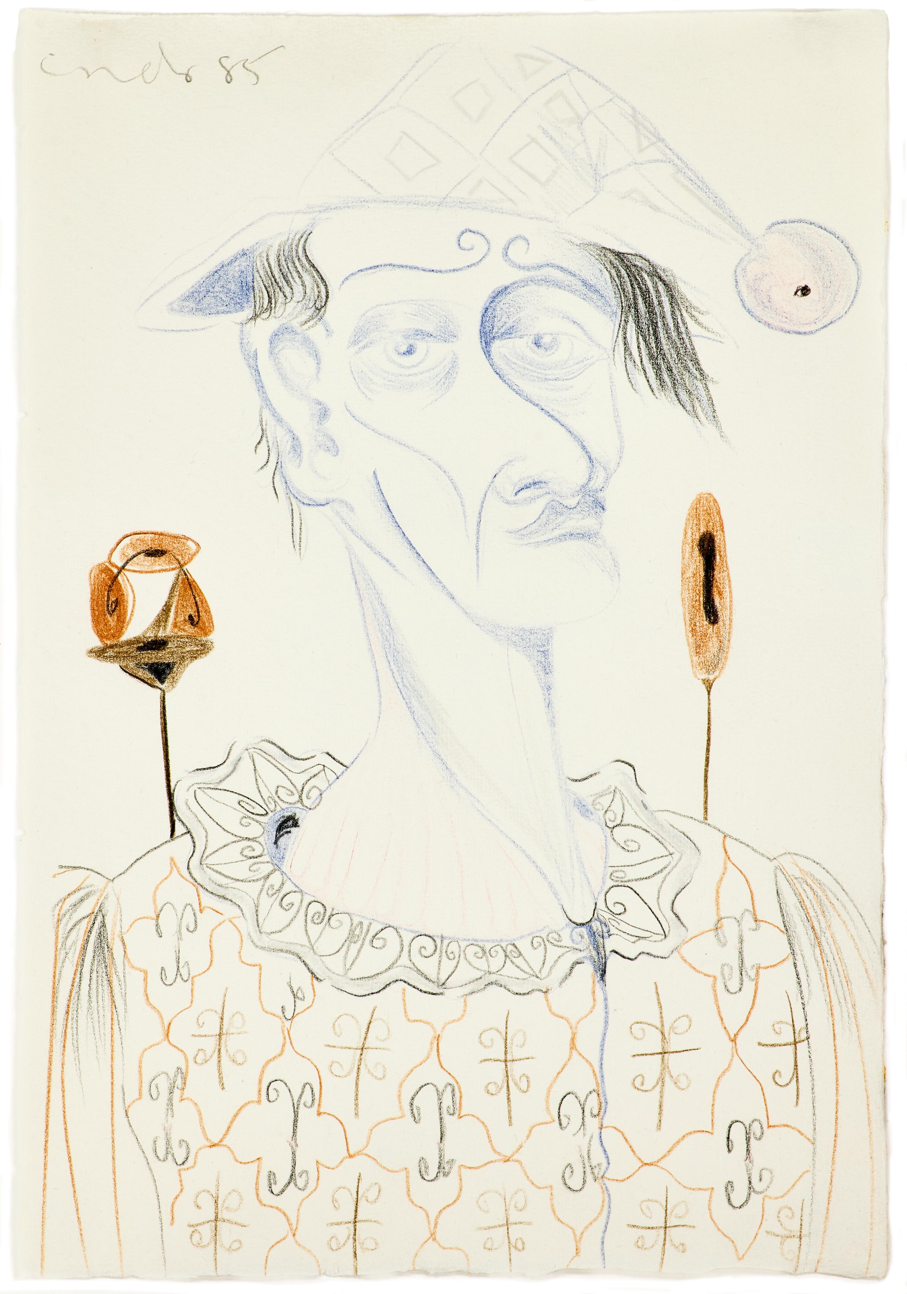 George Condo 1985 Signed Original Colored Pencil Drawing on Paper